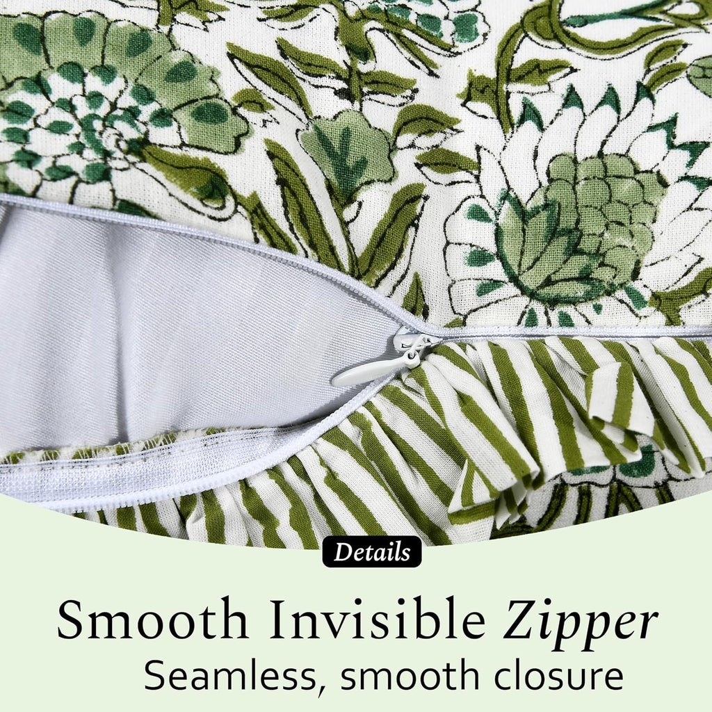 CPC Agate Green 100% Cotton Block Print Ruffle Sham Cover 20X30 inch Pack of 2, Handmade Boho Floral Pillowcase, Soft Decorative Queen Bed Pillow Cover for Bedroom Décor