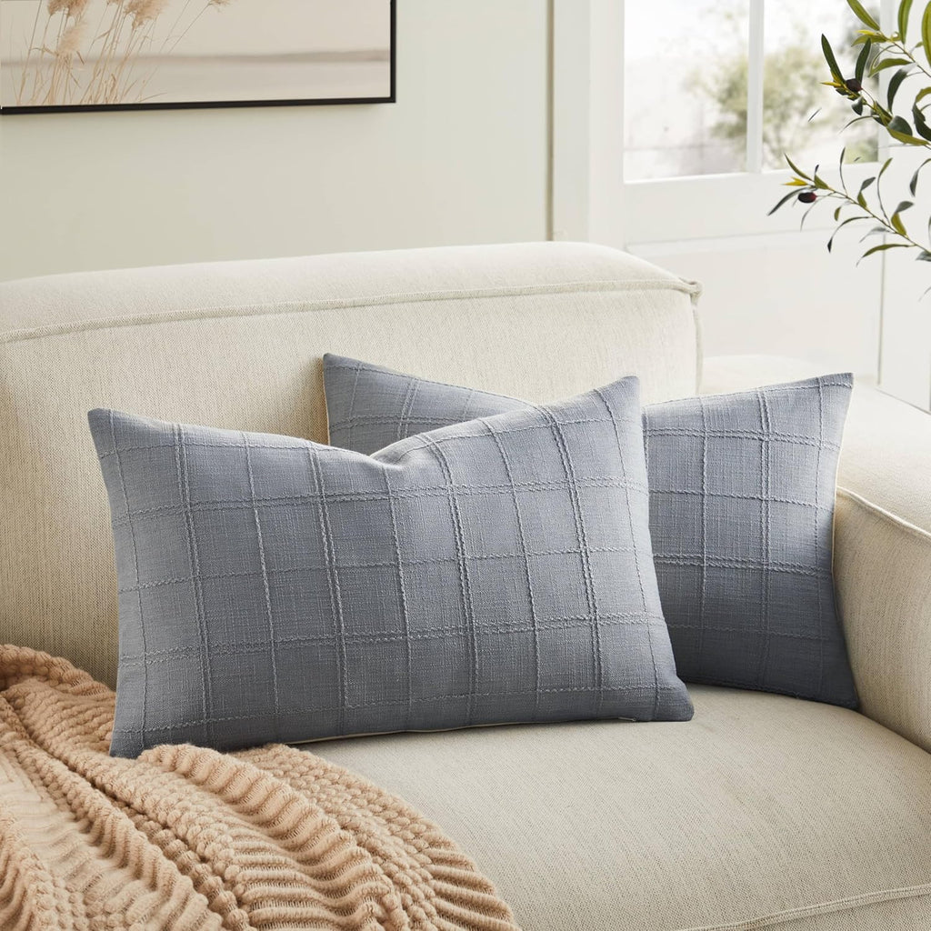 ZeeMart Linen Checked Lumbar Throw Pillow Covers Set of 2, 12x20 Inch Blue Ashes/Cream, Farmhouse Decorative Single Sided Grid Embroidered Couch Pillow Cases Blue Grey Cotton Linen Cushion Covers