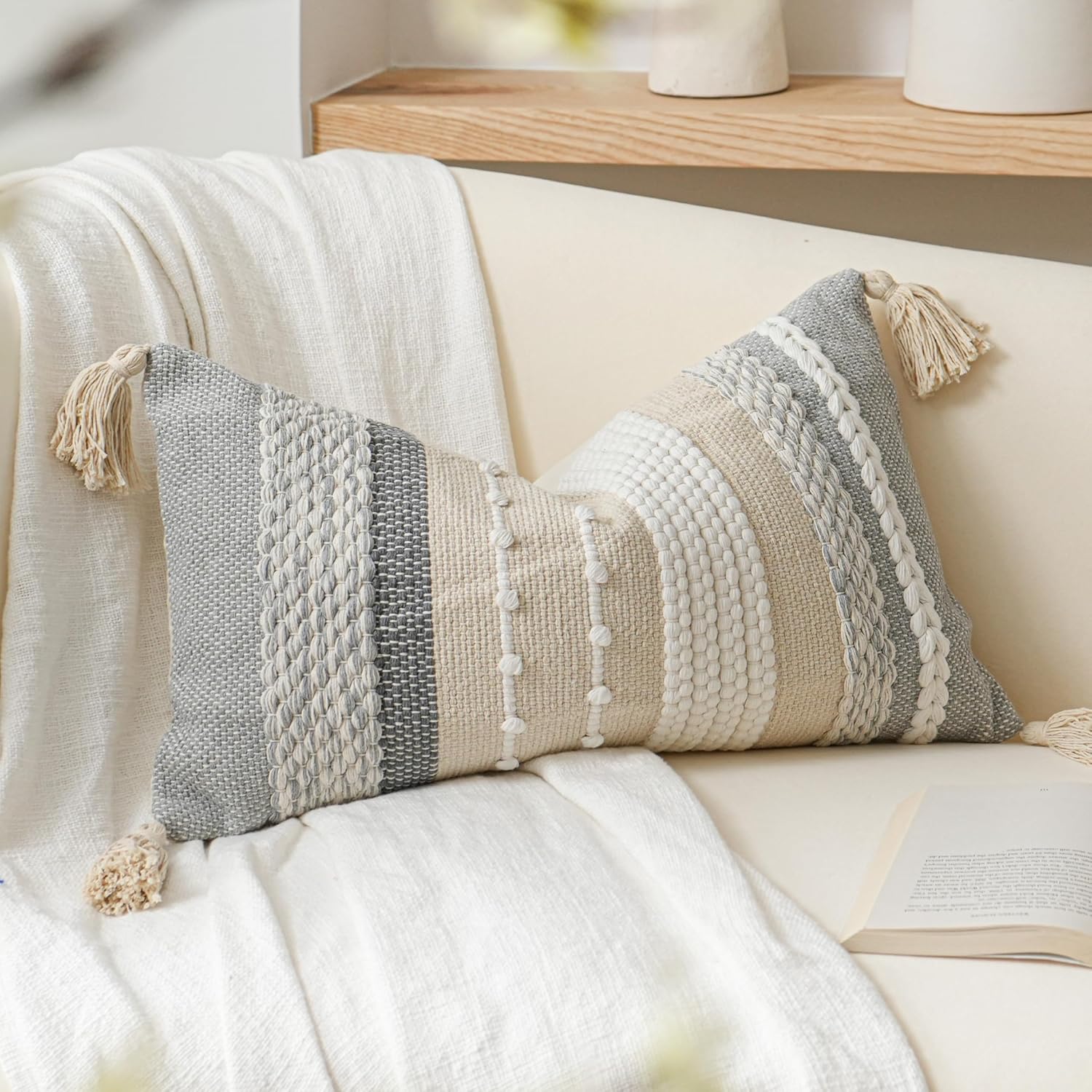 BlissBlush Decorative Lumbar Throw Pillow Cover 14x24 Boho Gray Accent Cushion for Couch Sofa Farmhouse Pillowcase for Bedroom Living Room Home Décor Cover ONLY