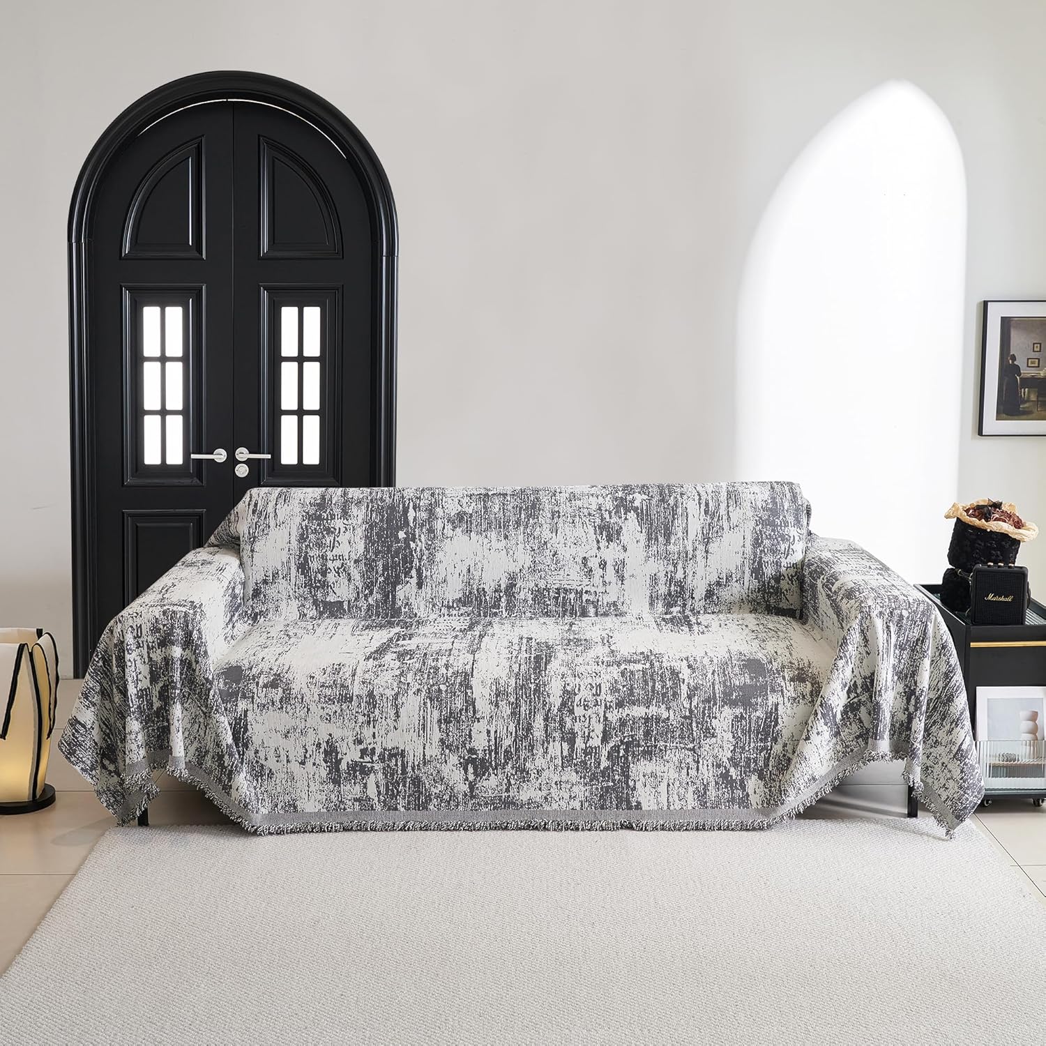 MYSKY HOME Boho Couch Cover for Dogs Washable Deep Grey Abstract Couch Sofa Protector for Loveseat Sofa Pets Friendly Chenille Geometric Sofa Covers Soft Durable Farmhouse Sofa Slipcovers, 91" X118"