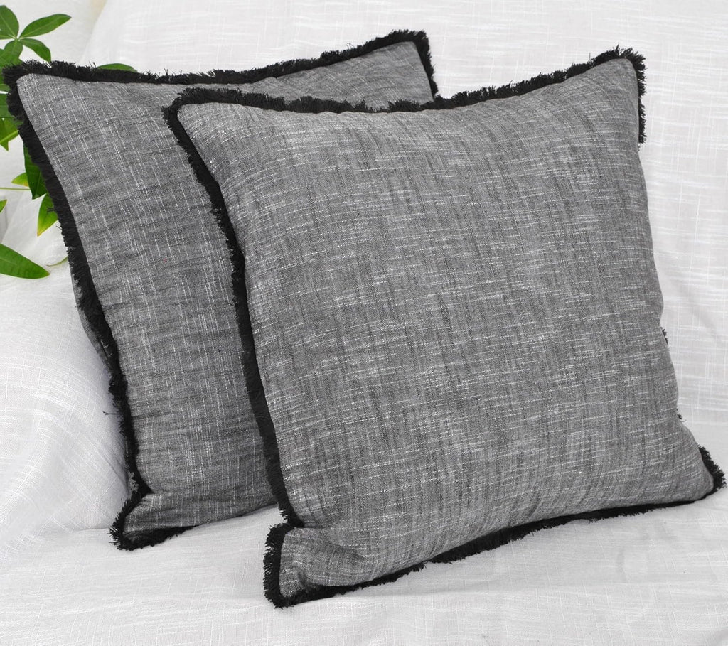 Textured Cotton Pillow Covers with Fringe Boho Farmhouse Cushion Cover with Decorative Tassels Linen Like Accent Pillowcases for Bed Couch Chair Sofa Living Room 20×20 Inch Gray Pack of 2