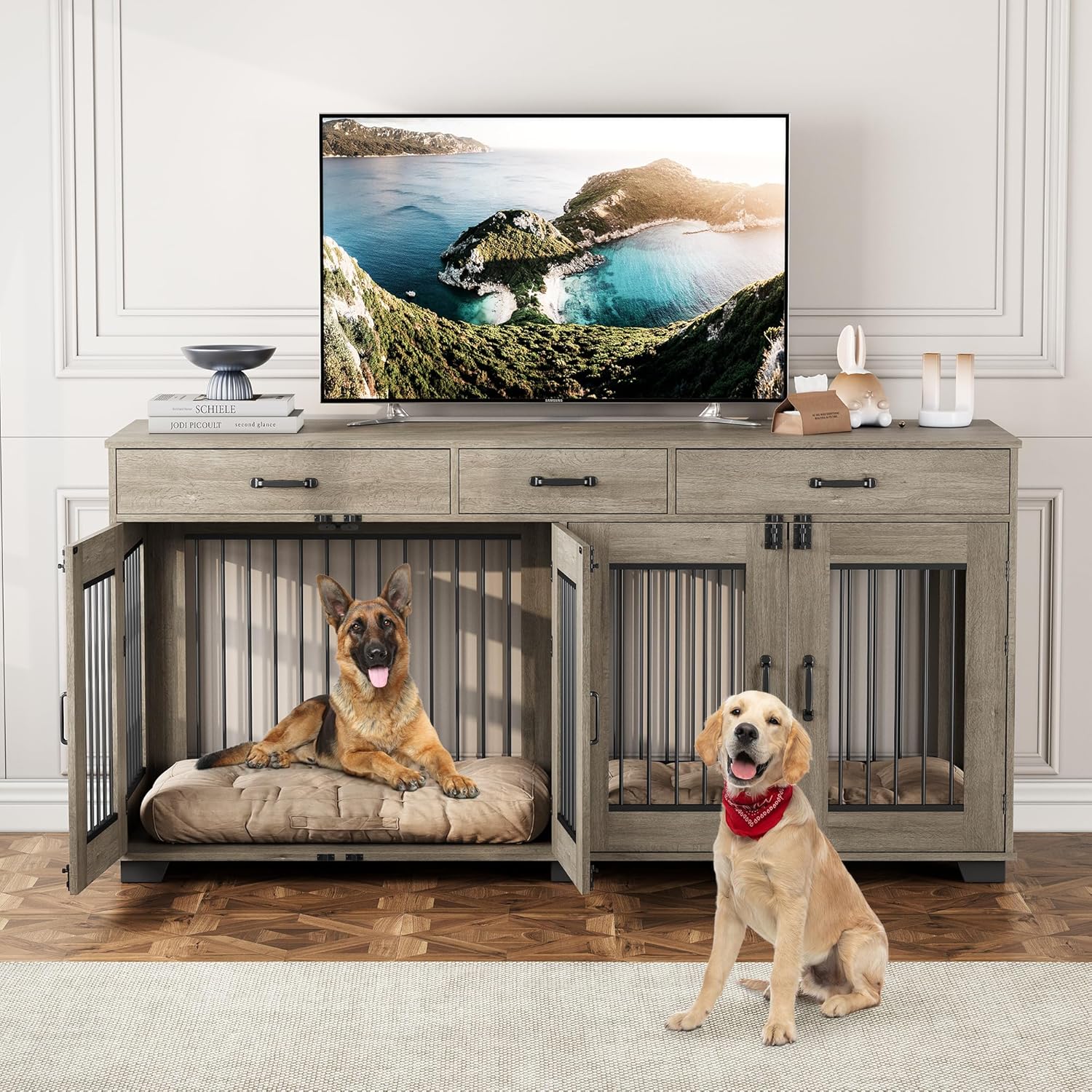 71 in Dog Crate Furniture for 2 Dogs, Wooden Double Dog Crate with 3 Drawers and Removable Room Divider, XXL Indoor Dog Kennel TV Stand End Table with Double Doors for Large Medium Dogs, Grey