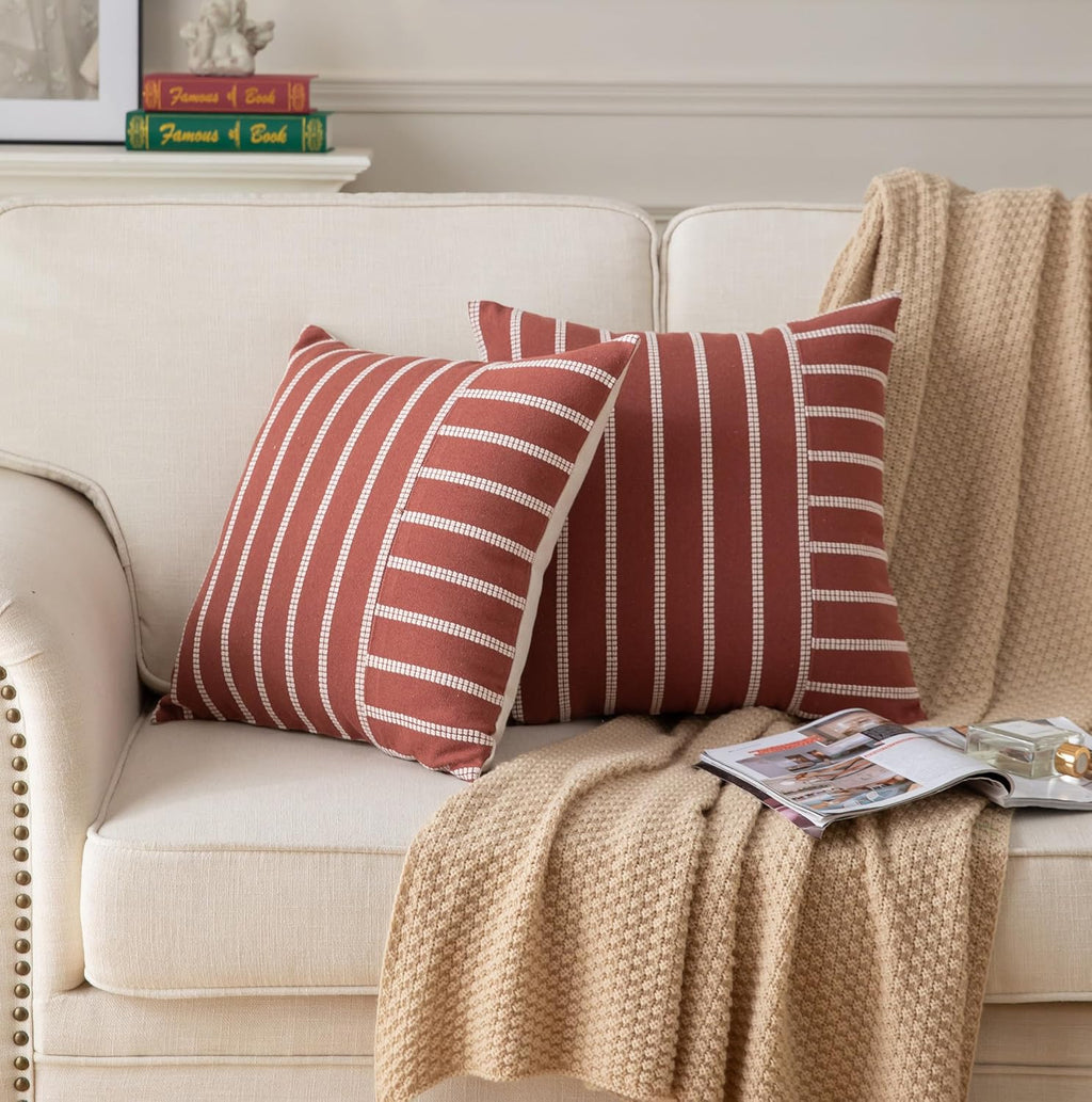 Caflife Boho Fall Throw Pillow Covers 18x18 Set of 2 Soft Farmhouse Decorative Couch Pillow Cases Rust Striped Pillow Covers Neutral Cushion Covers for Sofa Bed Living Room Home Decor