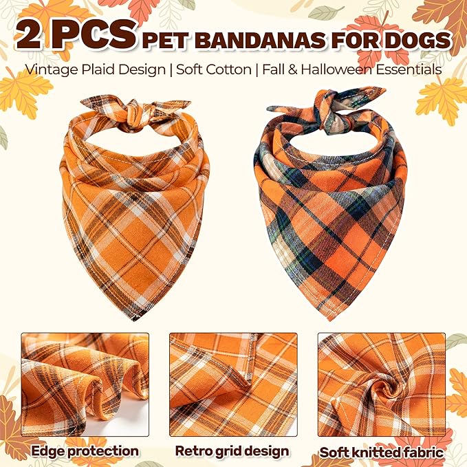 Fall Dog Bandana,2-Pack Thanksgiving Dog Bandanas, Plaid Fall Pet Scarves for Large Medium Small Dogs, Adjustable Vintage Holiday Neckwear,Reversible Bibs Breed for Boy and Girl(Large)