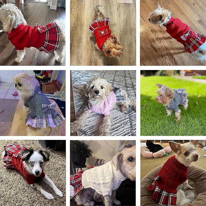 WOYYHO Girl Dog Sweater Dress with Bowtie Turtleneck Small Dogs Sweater with Leash Hole, Knitted Small Dog Sweaters Dress Puppy Winter Clothes for Yorkies Chihuahua (Large, Pink)