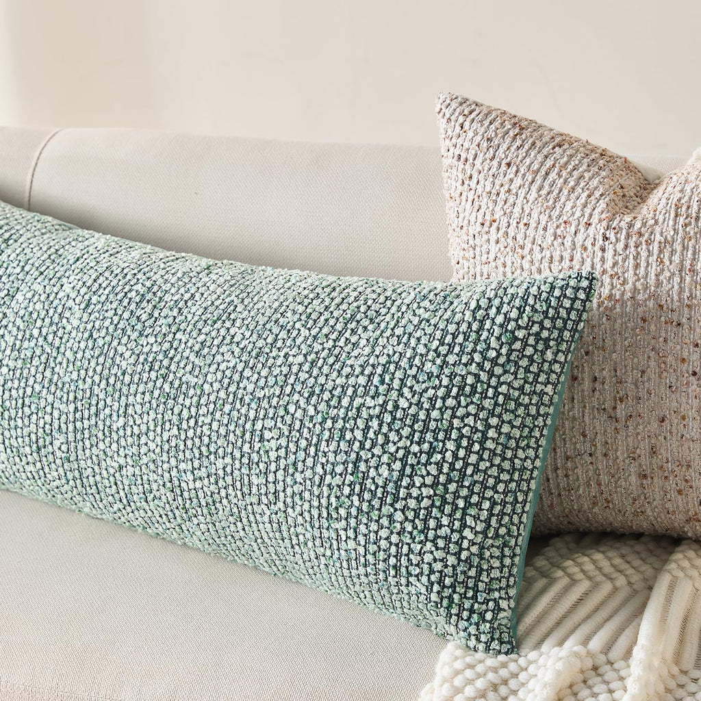 Decorative Lumbar Pillow Cover 14x36 Green Striped Wool Long Body Pillow Neutral Textured Boho Lumbar Throw Pillow Cushion Covers for Modern Farmhouse Sofa Bed Living Room Decor SY011-D14