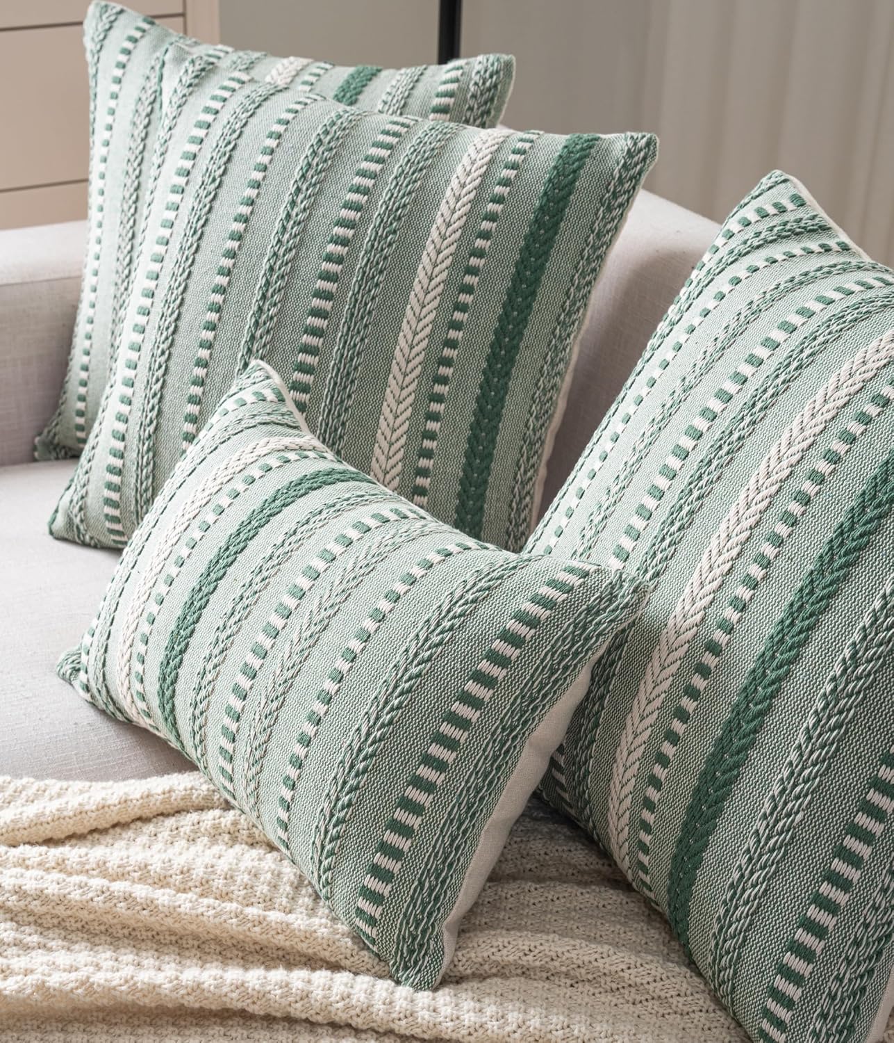Boho Throw Pillow Covers 18x18 Inch Set of 2, Farmhouse Decorative Couch Pillow Cases, Light Green Accent Pillows of Bed, Sofa Bedroom Living Room Home Decor Cushion Cover