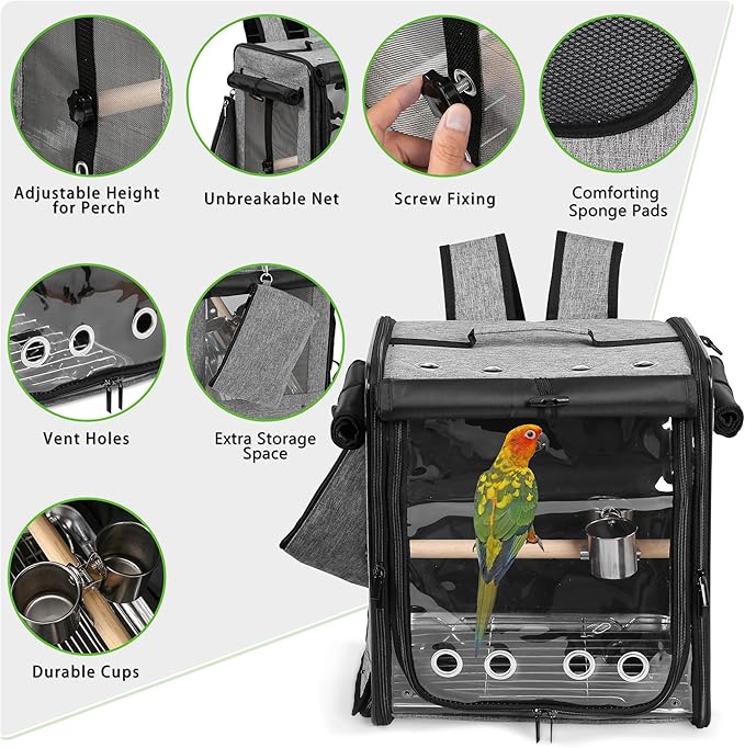 Sanmoncare Bird Carrier for Car Travel with Seat Belt, Indestructible Stainless Steel Mesh Parrot Backpack Travel Cage