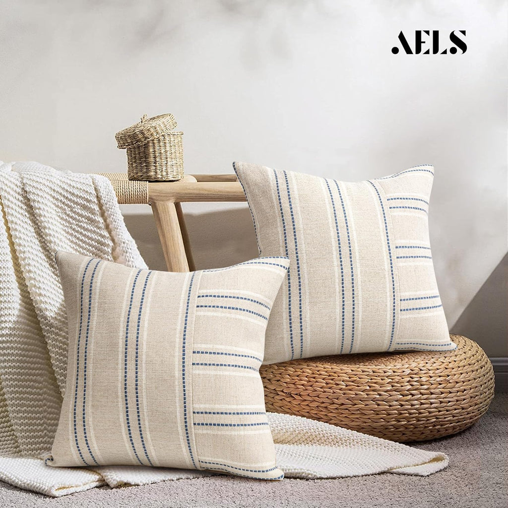 AELS 22x22 Decorative Farmhouse Linen Throw Pillow Covers, Boho Textured Pillow Case, Set of 2,Beige with White & Navy Blue Stripe Patchwork Cushion Cover for Sofa Couch Living Room(Cover ONLY)