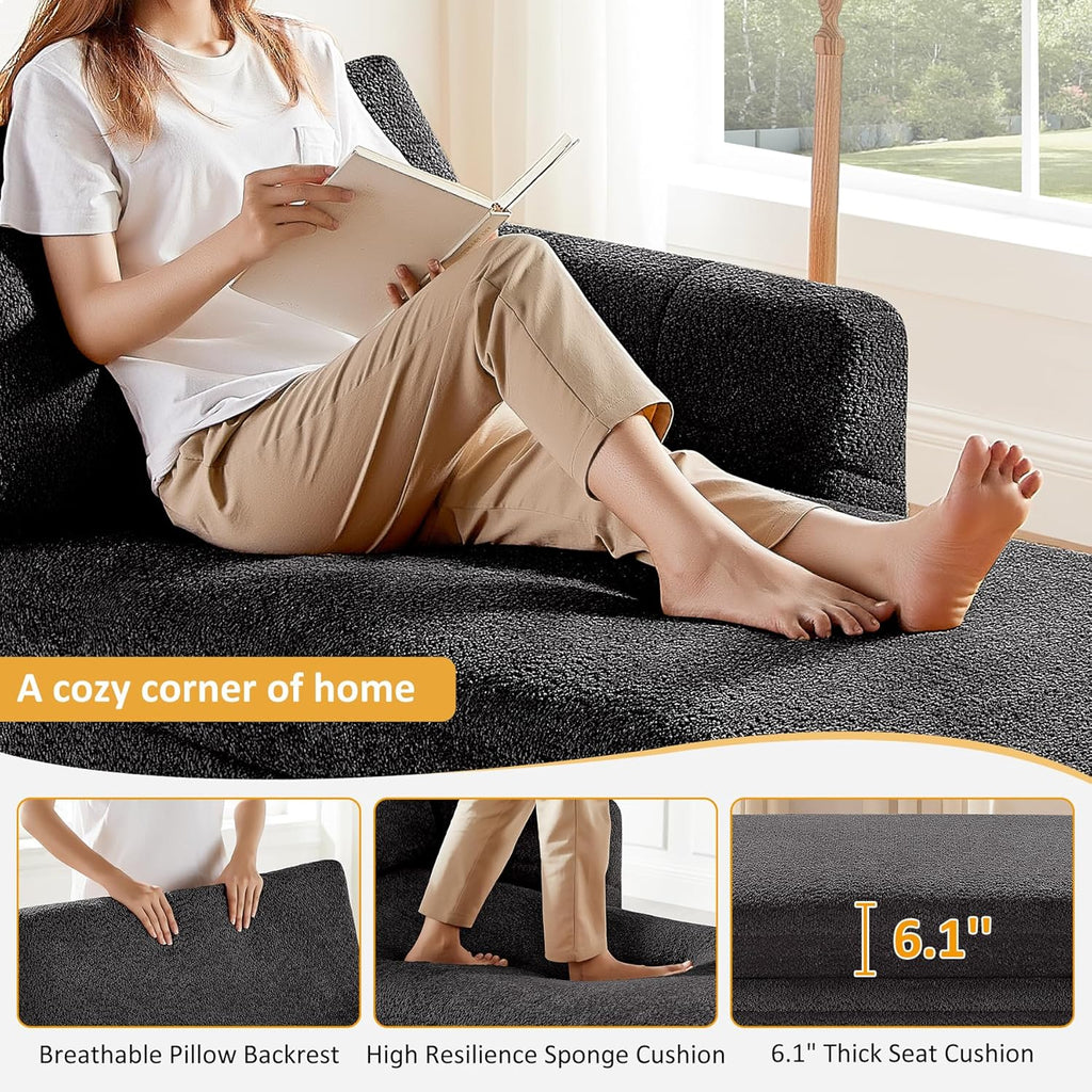 VANOMi Oversized 70.47'' Chaise Lounge Chair Indoor with Storage Space, Modern Upholstered Sofa Bed with Thick Cushion & Left Armrest, Boucle Leisure Recliner for Living Room, Bedroom, Dark Gray