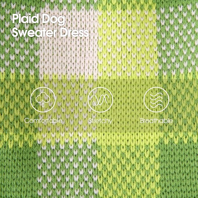 Dog Sweater Dress Plaid Knitwear for Small Medium Dogs Warm Puppy Pet Turtleneck Stretch Pullover Cute Fall Winter Vest Clothes with Leash Hole for Christmas (Green, XS)