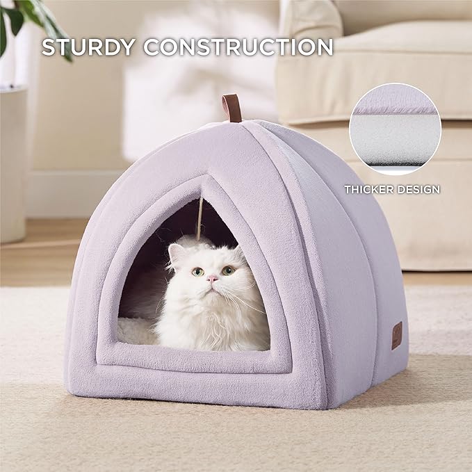 Bedsure Cat Beds for Indoor - 2 in 1 Cat Cave House Tent for Kittens and Small Pets with Removable Washable Cushioned Pillow, Foldable Kitten Hideaway with Non-Slip Bottom, Purple, 16 inches