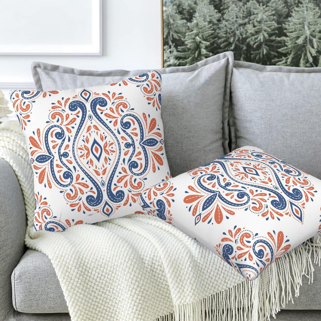 Throw Pillow Covers Blue and Orange Floral Pillow Covers 16x16 Inch Set of 2 Vintage Paisley Throw Pillows Decorative Pillow Cases Cushion Covers for Bedroom Livingroom Sofa Farm House