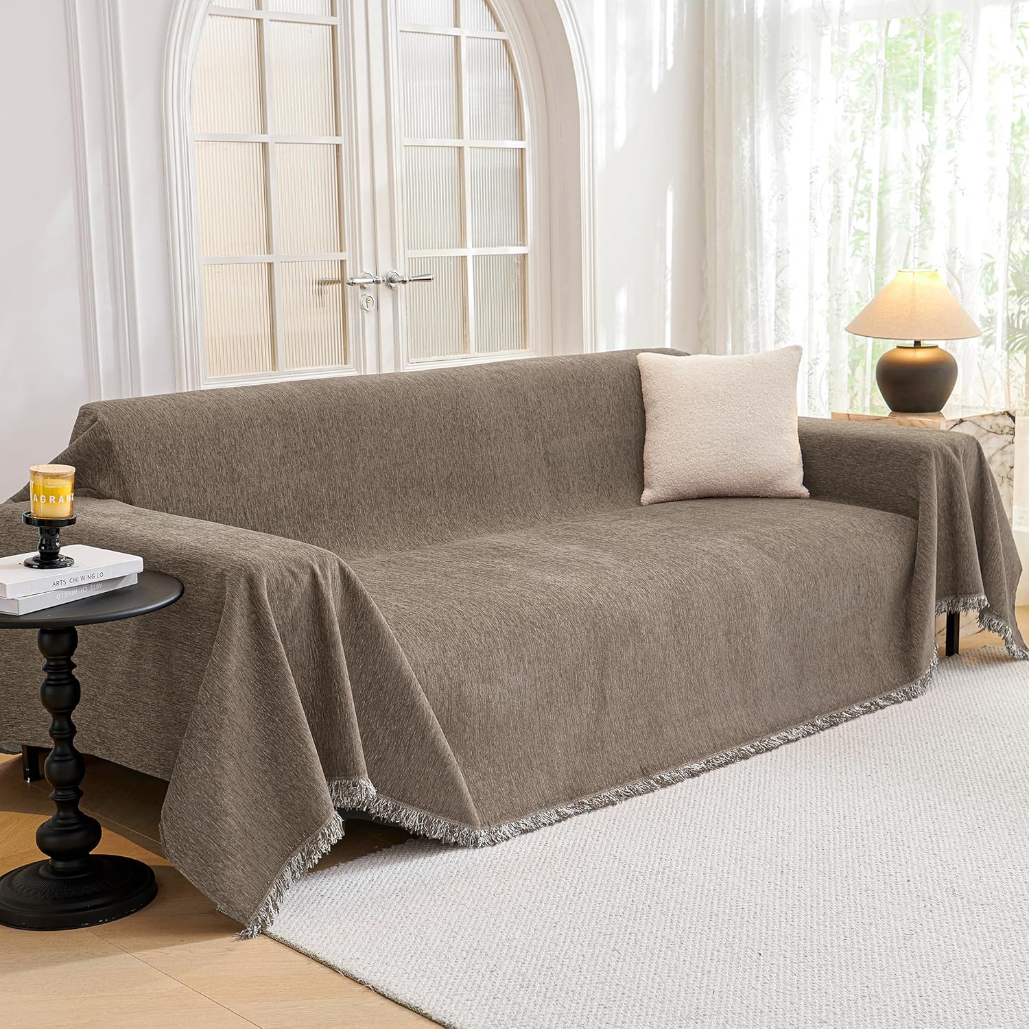 MYSKY HOME Couch Cover for Dogs Washable Couch Covers Couch Covers for Dogs Couch Cover 2 Cushion Sofa Non Slip Dogs Furniture Protector with Tassels Chenille Sofa Covers for Pets, 71"x102", Sand