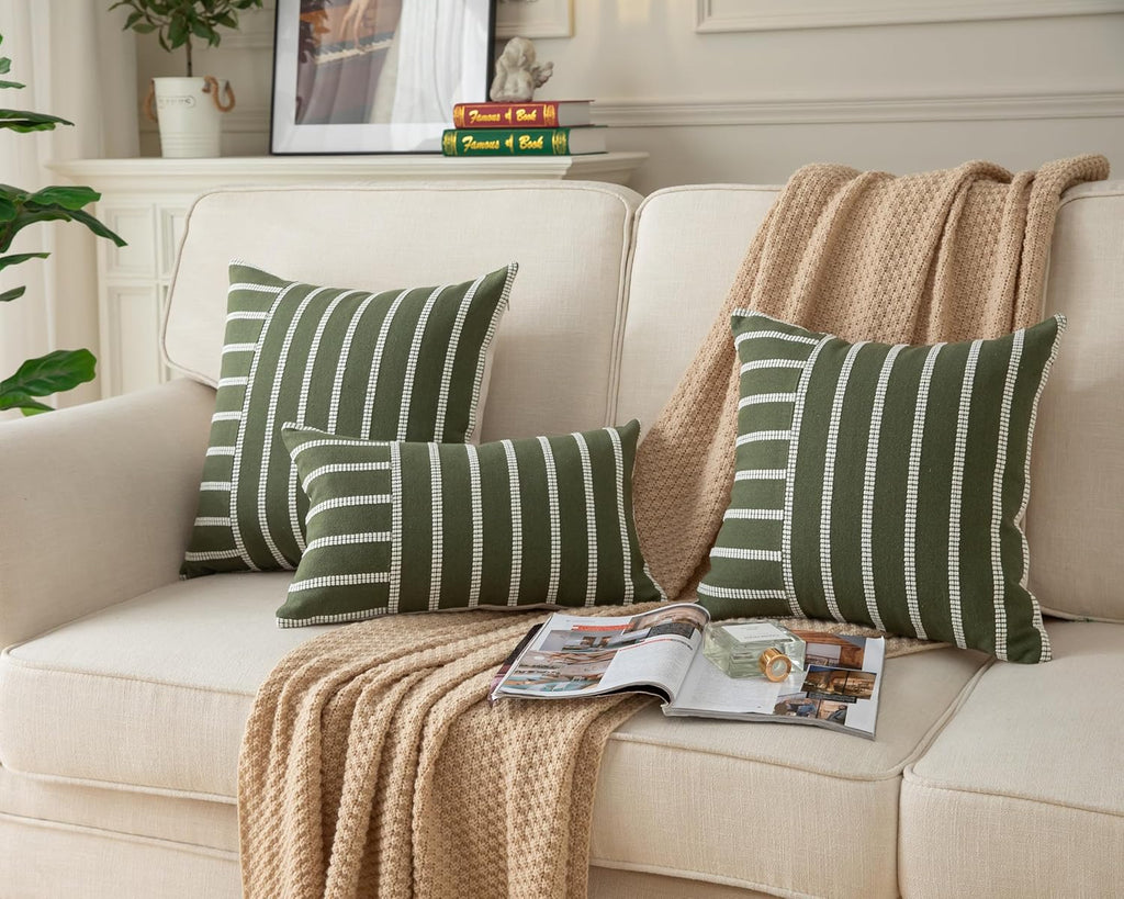 Caflife Boho Throw Pillow Covers 18x18 Set of 2 Soft Farmhouse Decorative Couch Pillow Cases Green Striped Pillow Covers Neutral Cushion Covers for Sofa Bed Living Room Home Decor