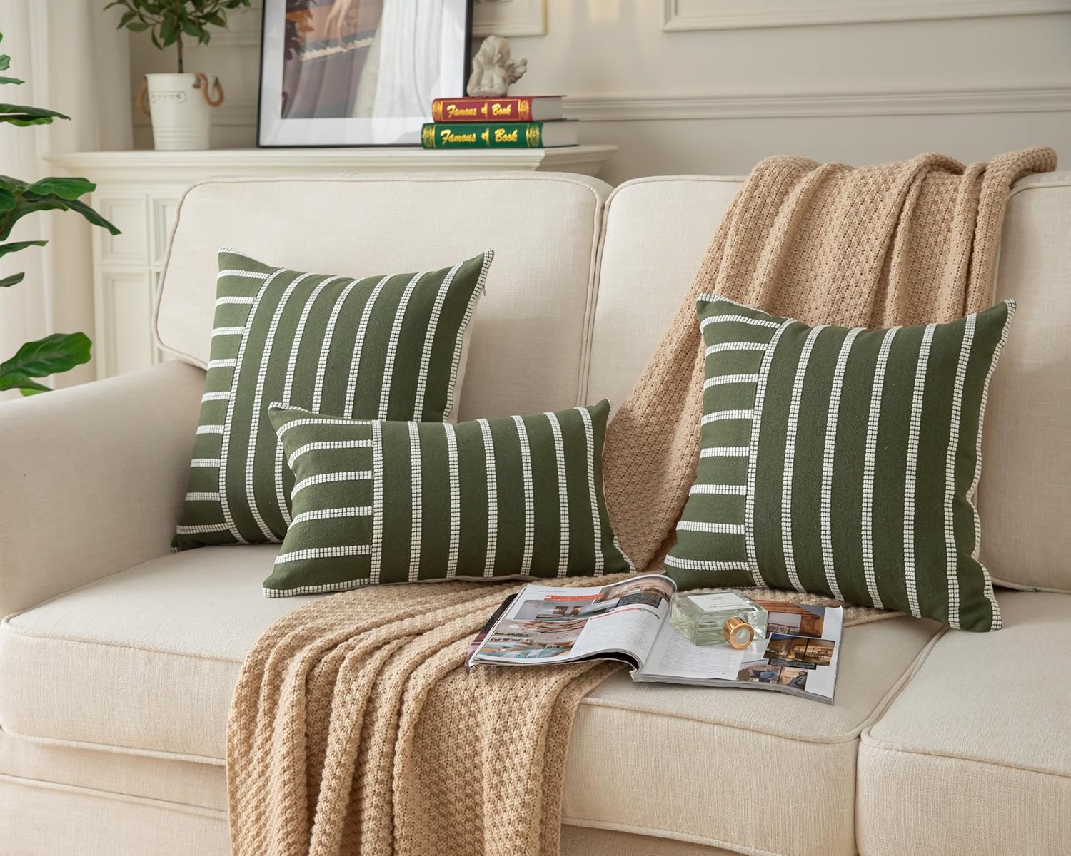 Caflife Boho Throw Pillow Covers 18x18 Set of 2 Soft Farmhouse Decorative Couch Pillow Cases Green Striped Pillow Covers Neutral Cushion Covers for Sofa Bed Living Room Home Decor