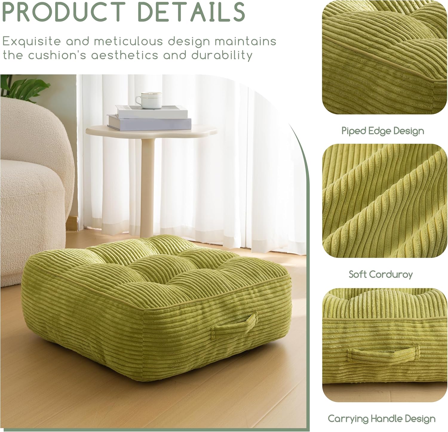 8" Washable Floor Pillow Cushion for Adults, Meditation Cushion Pillow, Large Square Floor Sitting, Removable Tufted Corduroy Cover, for Tatami Living Room or Yoga, 22x22 Inch, Machine Washable