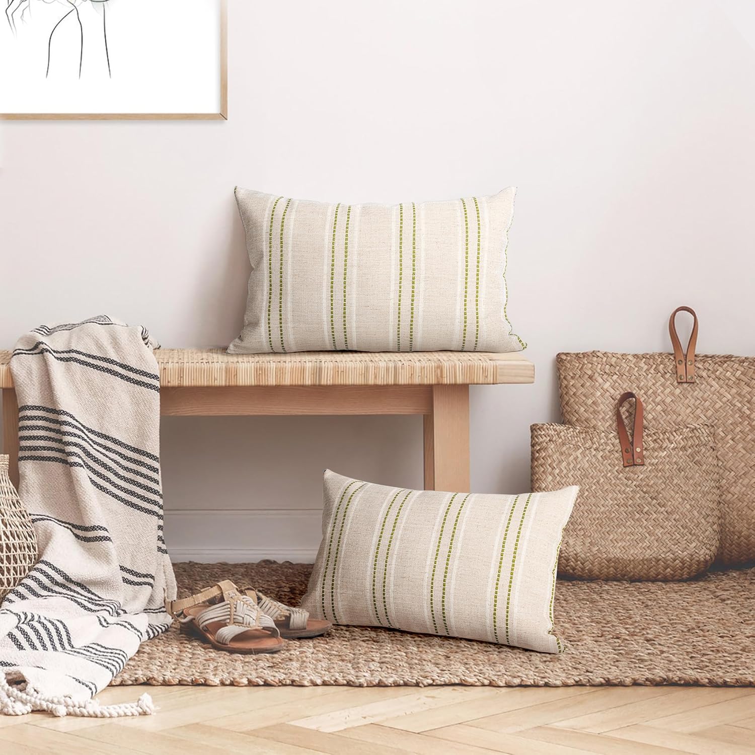 AELS 12x20 Decorative Farmhouse Linen Throw Pillow Covers, Boho Textured Pillow Case, Set of 2, Beige with White & Green Stitch Yarn Dyed Stripe Cushion Cover for Sofa Couch Living Room (Cover ONLY)