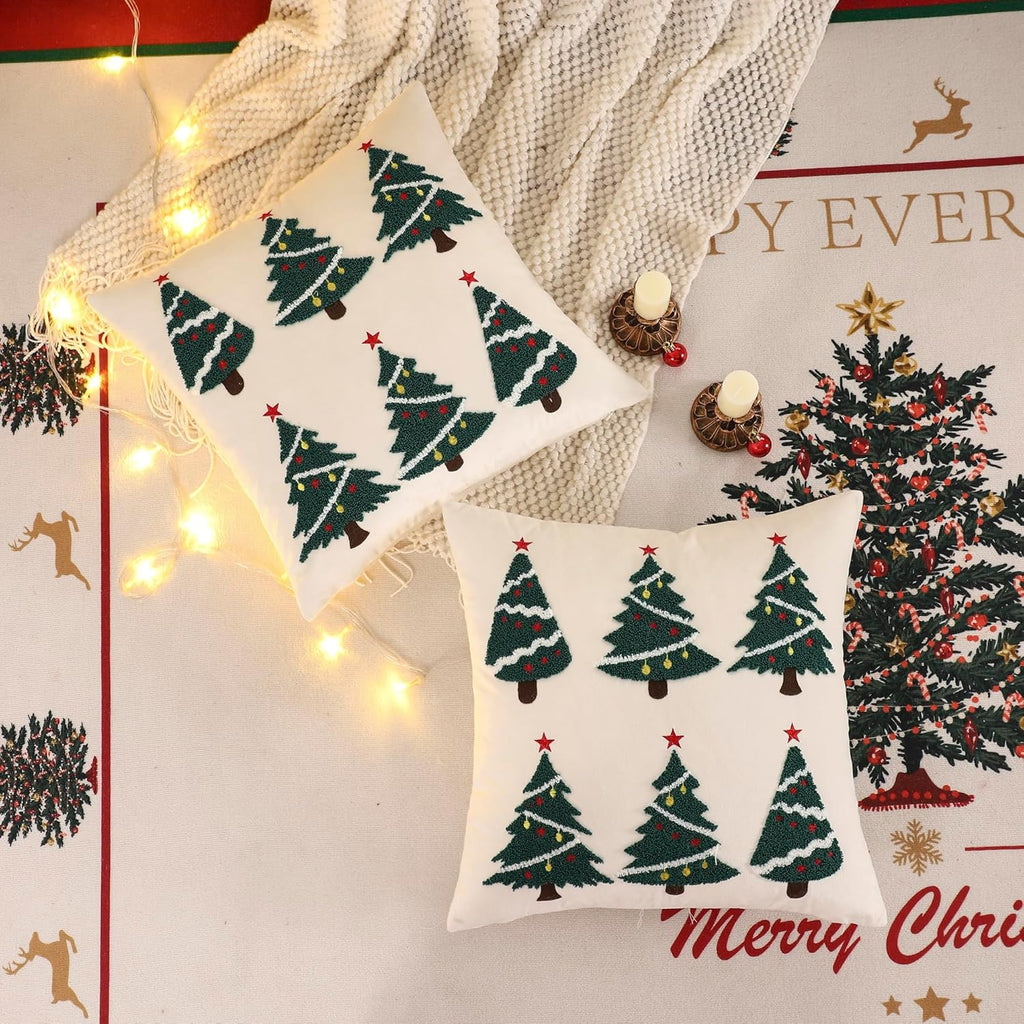LUOYEHK Christmas Pillow Covers 18x18 Set of 2 Christmas Tree Decorative Beige Pillow Cases Winter Holiday Velvet Embroidered Cushion Covers for Couch Sofa Bed