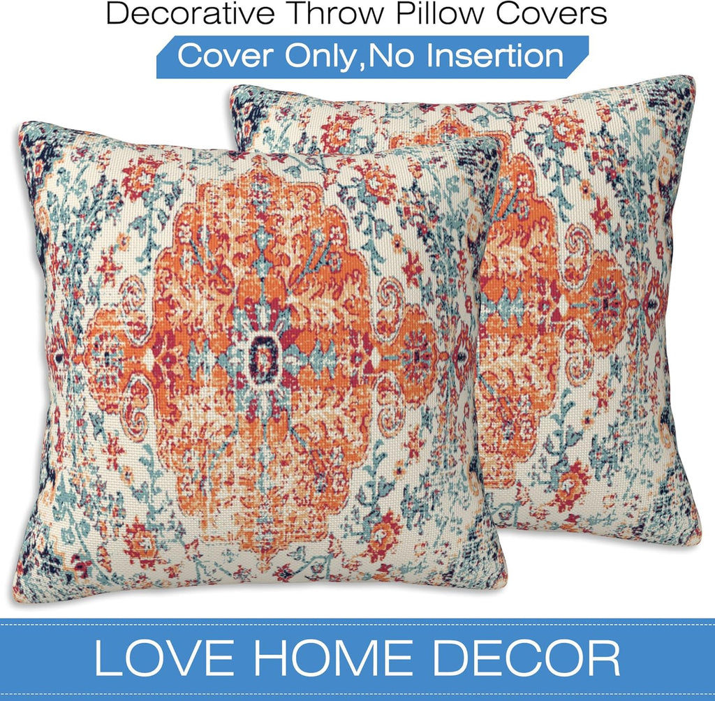 Throw Pillow Covers Boho Orange Pillow Covers 20x20 Inch Set of 2 Rug Boho Style Ethnic Floral Throw Pillows Decorative Pillow Cases Cushion Covers for Bedroom Livingroom Sofa Farm House