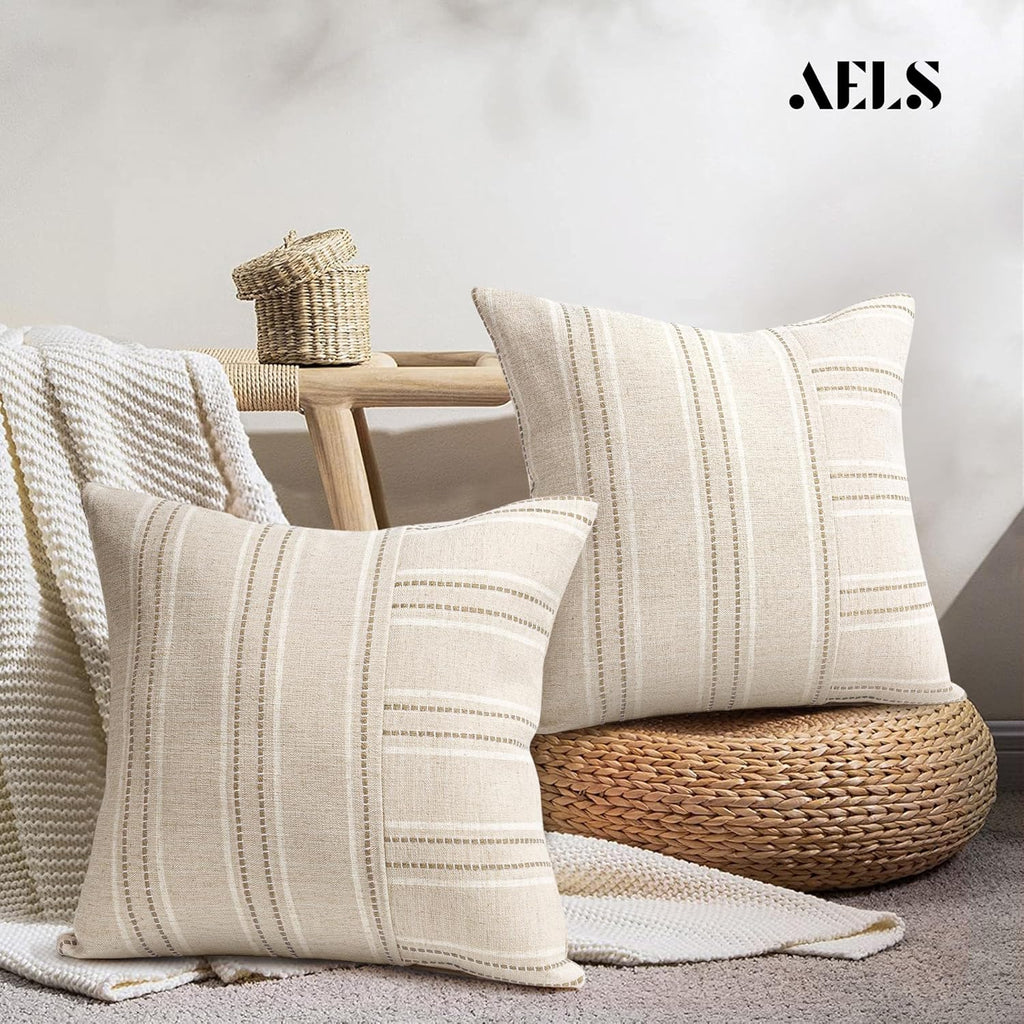 AELS 26x26 Decorative Farmhouse Linen Throw Pillow Covers, Boho Textured Pillow Case, Set of 2, Beige with White & Brown Stripe Patchwork Cushion Cover for Sofa Couch Living Room (Cover ONLY)