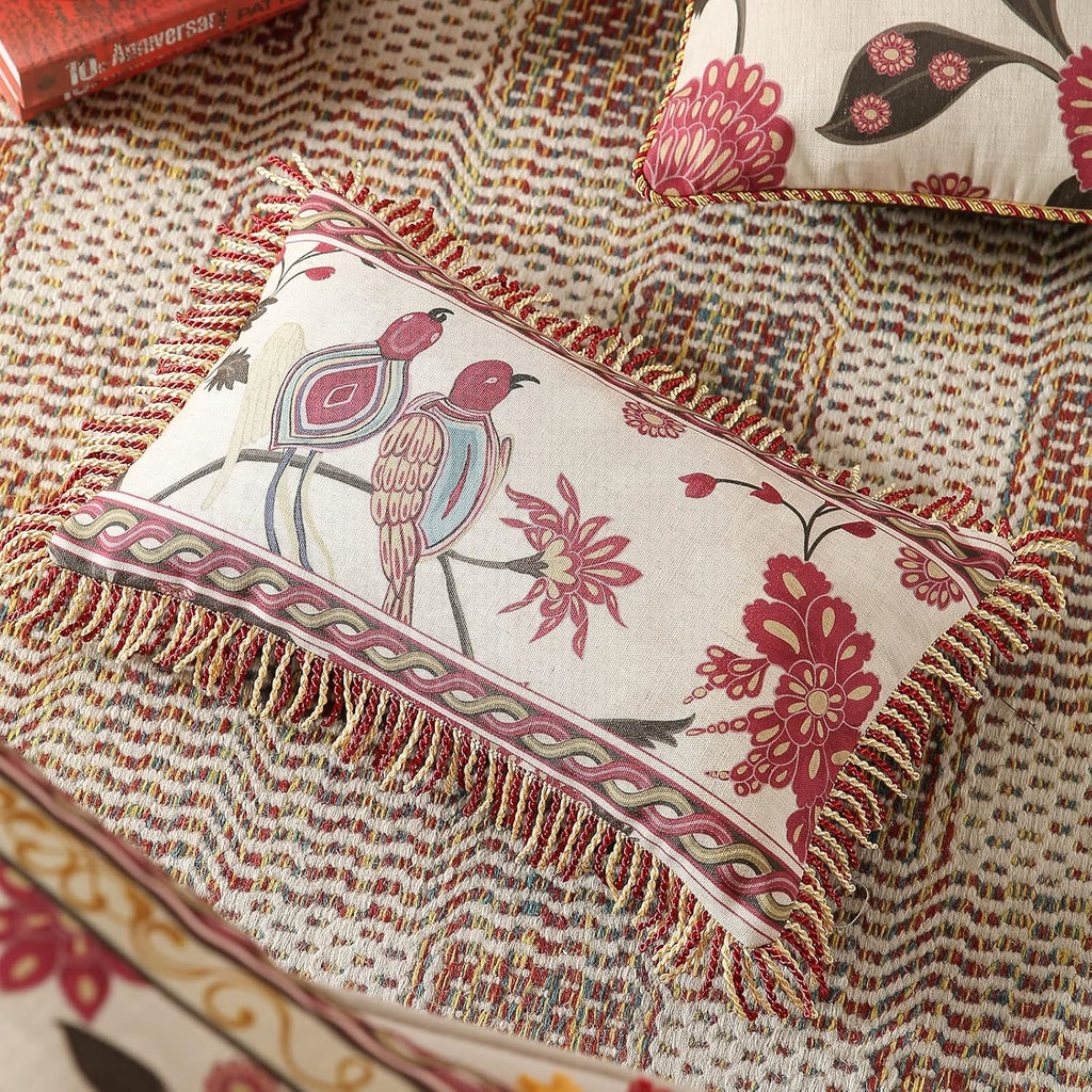 patdrea Designer Throw Pillow Covers 12"x20",Vintage Flowers and Bird Pattern Linen Pillowcases with Tassel Edges Pillows Cover for Couch,Decorative Lumbar Cushion for Living Room Outdoor,Set of 2