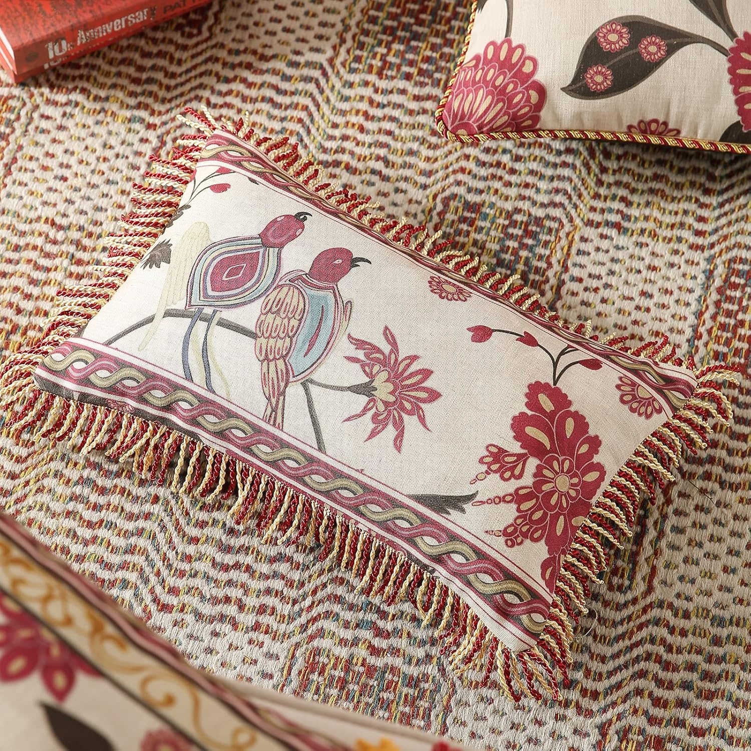 patdrea Designer Throw Pillow Covers 12"x20",Vintage Flowers and Bird Pattern Linen Pillowcases with Tassel Edges Pillows Cover for Couch,Decorative Rectangle Cushion for Living Room Outdoor Car