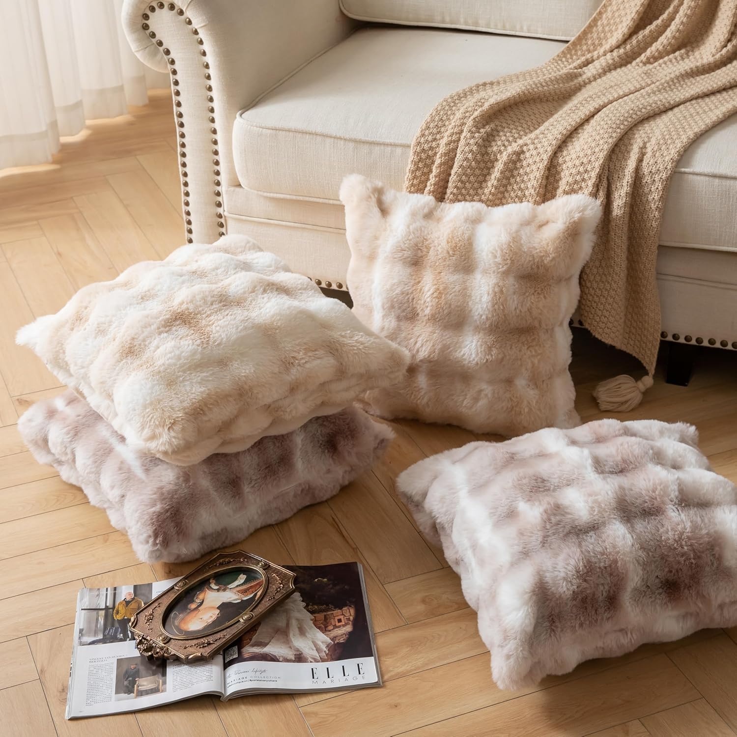 Pack of 2 Thick Plush Throw Pillow Covers Fluffy Wave Faux Fur Decorative Cushion Covers Soft Wool Pillowcase for Sofa Couch Livingroom 12x20 Inch White Beige