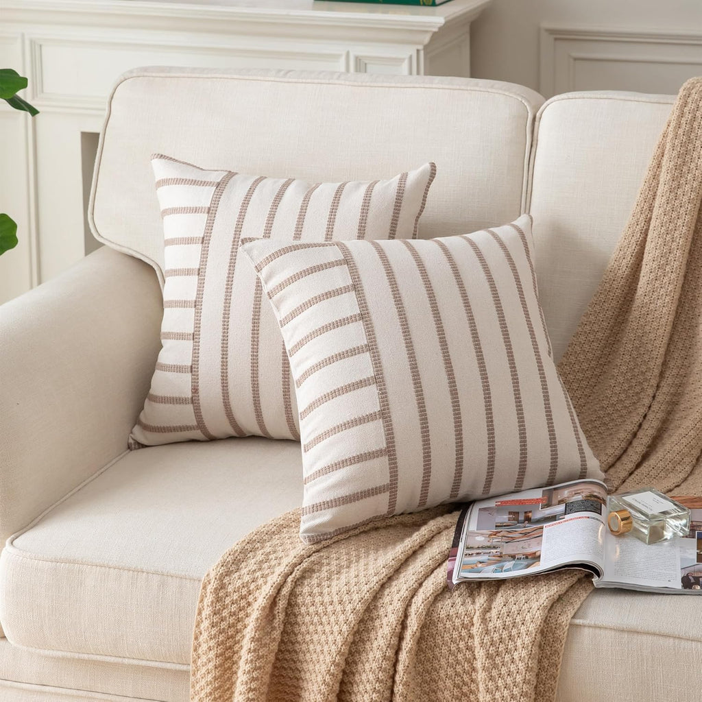 Caflife Boho Throw Pillow Covers 18x18 Set of 2 Soft Farmhouse Decorative Couch Pillow Cases Beige Striped Pillow Covers Neutral Cushion Covers for Sofa Bed Living Room Home Decor