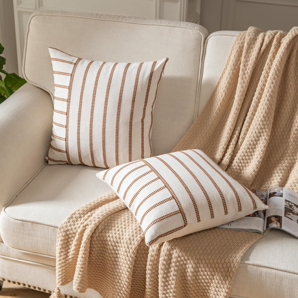 Caflife Boho Throw Pillow Covers 20x20 Set of 2 Soft Farmhouse Decorative Couch Pillow Cases Brown Striped Pillow Covers Neutral Cushion Covers for Sofa Bed Living Room Home Decor