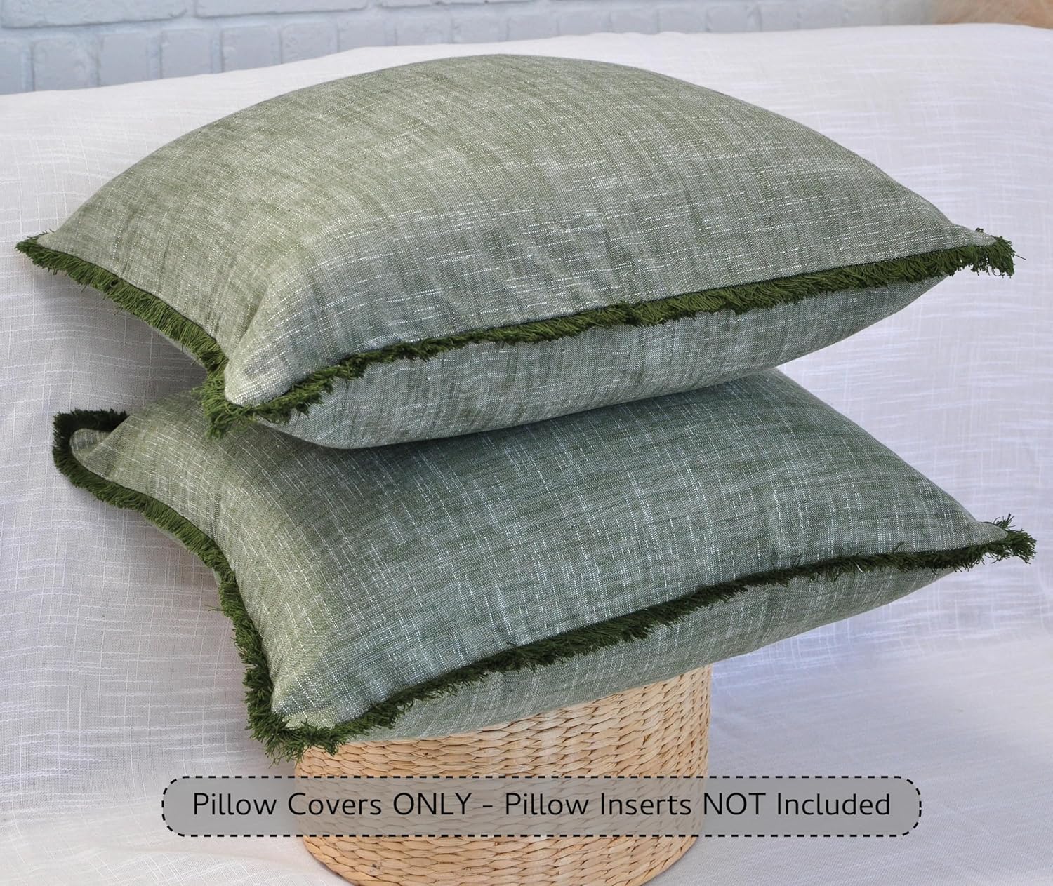 20x20 Textured Cotton Pillow Covers Green with Decorative Fringe Boho Farmhouse Cushion Cover with Tassels Linen Like Accent Pillowcases for Bed Couch Chair Sofa Living Room Set of 2