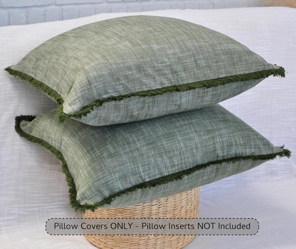 16×16 Textured Cotton Throw Pillow Covers with Decorative Fringed Edge Boho Farmhouse Cushion Covers with Tassels Linen Like Accent Pillowcases for Bed Couch Chair Sofa Living Room,Green Set of 2