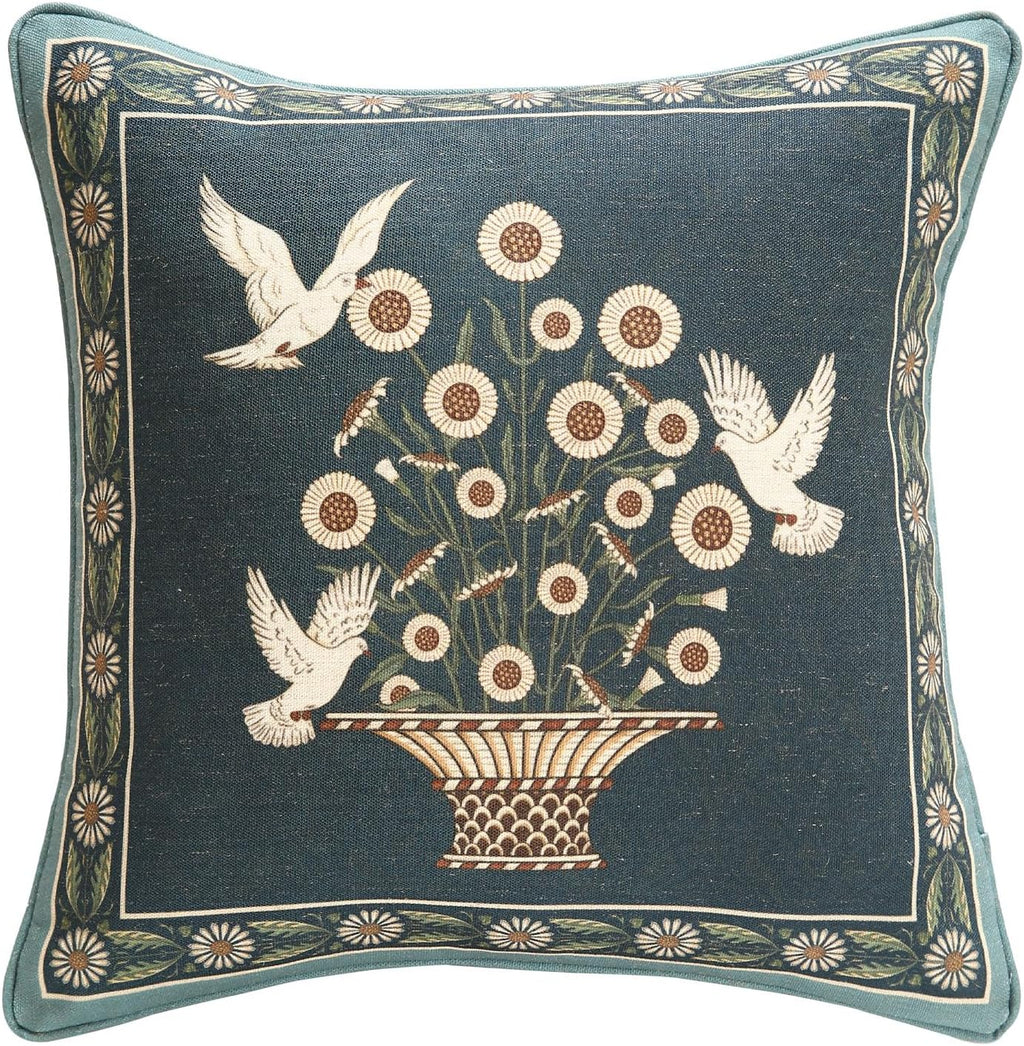 Green Throw Pillow Covers,French Farmhouse with White Birds and Flowers Pattern Linen Pillowcases,Decorative Square Pillows Cushion Covers for Couch Sofa Bed Chair,18x18 Inches