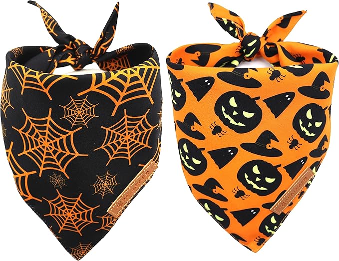 Realeaf Halloween Dog Bandanas 2 Pack, Pumpkin and Spider Web Bibs, Triangle Reversible Fall Pet Scarf, Premium Durable Fabric, Adjustable Fit (Large)