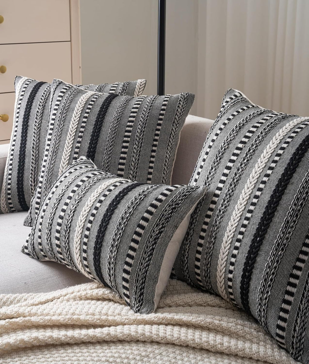 Boho Throw Pillow Covers 22x22 Inch Set of 2, Farmhouse Decorative Couch Pillow Cases, Black Accent Pillows of Bed, Sofa Bedroom Living Room Home Decor Cushion Cover