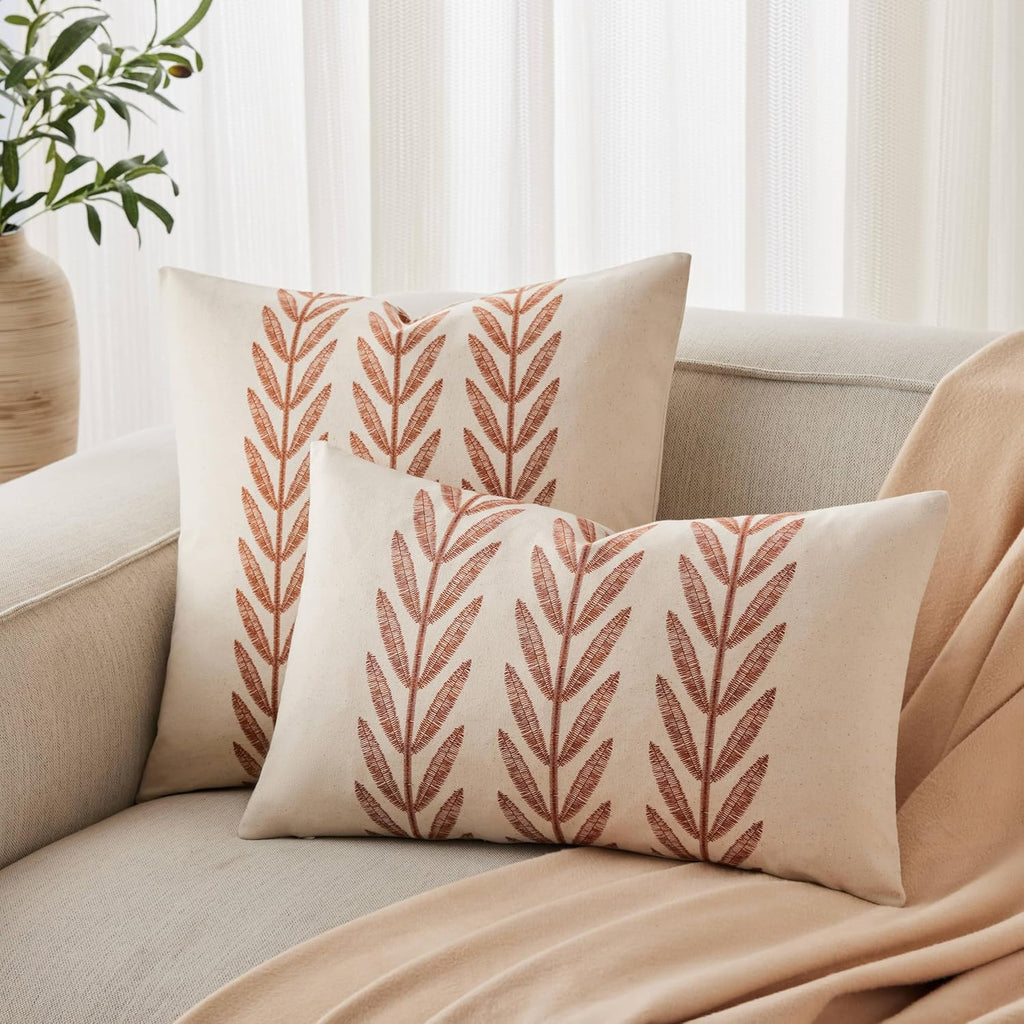 100% Cotton Farmhouse Leaves Throw Pillow Covers Set of 2, 22x22 Inch Terracota Pastoral Decorative Print Cushion Covers for Sofa Bed Living Room Home Decor