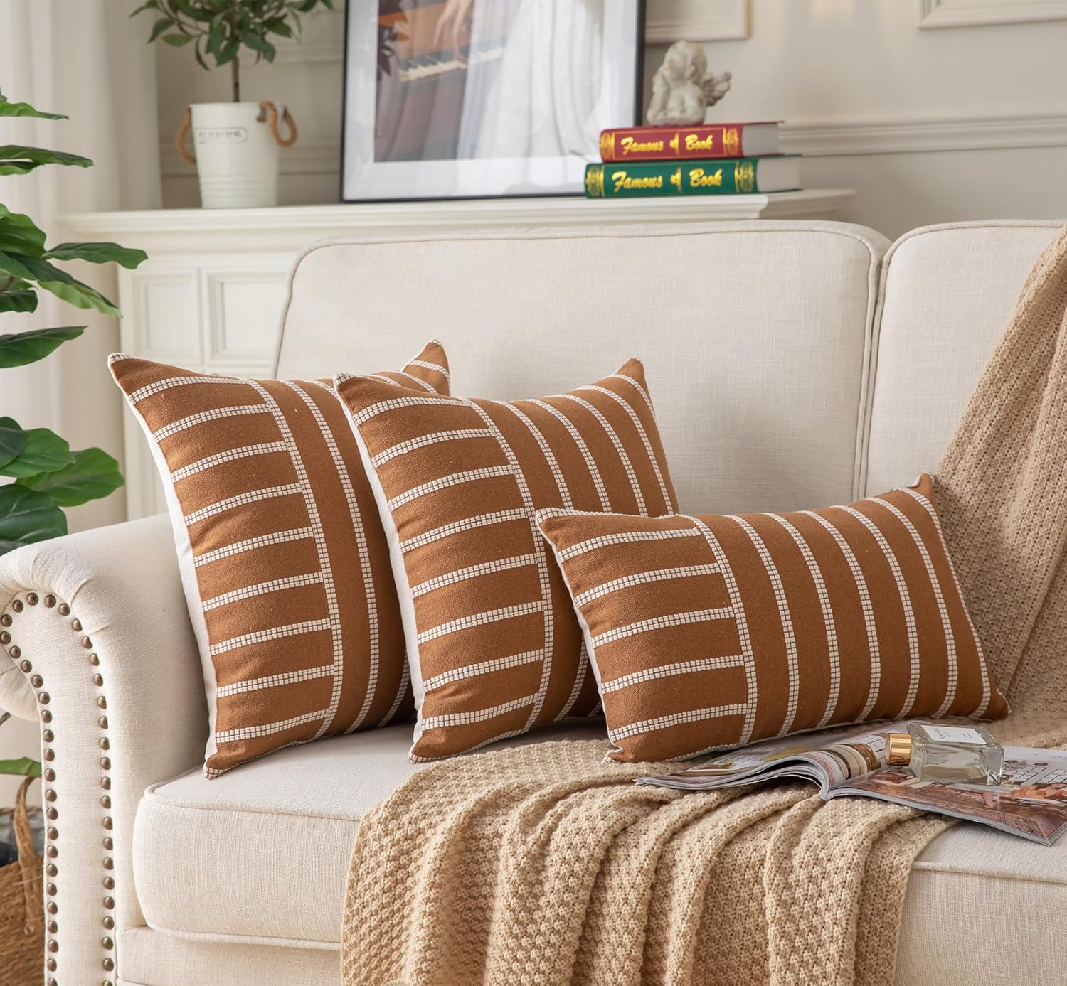 Caflife Boho Throw Pillow Covers 12x20 Set of 2 Soft Farmhouse Decorative Couch Pillow Cases Brown Striped Pillow Covers Neutral Cushion Covers for Sofa Bed Living Room Home Decor