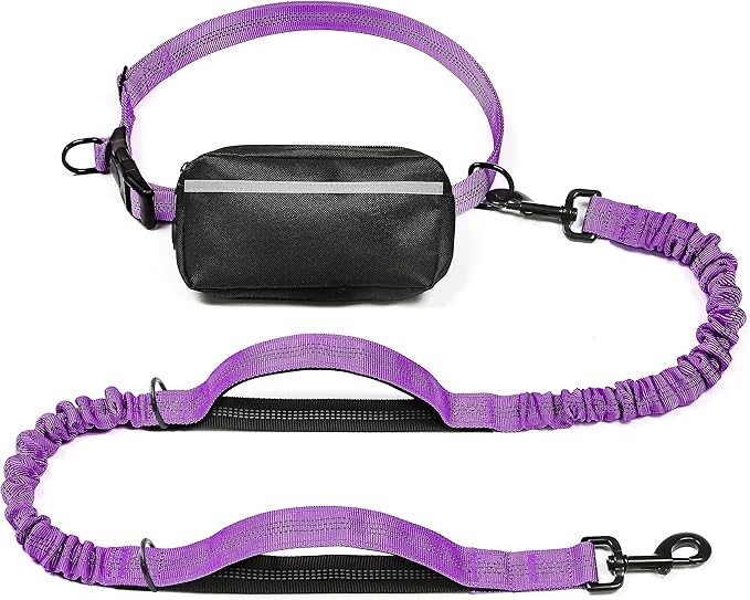 iYoShop Hands Free Dog Leash with Zipper Pouch, Dual Padded Handles and Durable Bungee for Walking, Jogging and Running Your Dog (Large, 25-120 lbs, Purple)