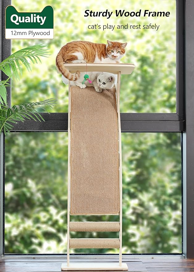Cat Window Perch with Scratcher Ramp, 48" Climbing Tree Suctions Cups to Window Maximum Hold Up to 45lb, Wood Kitty Bed for Small Window (Drilling-Free)