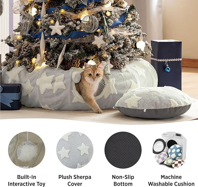 Lesure Cat Tunnel Bed for Indoor Cats - Cute Cat Donut Tunnel Toys for Small Large Cats with Washable Circle Cushion, Round Pet Peekaboo Cave Toy for Kitten/Puppy/Rabbit, Standard Grey