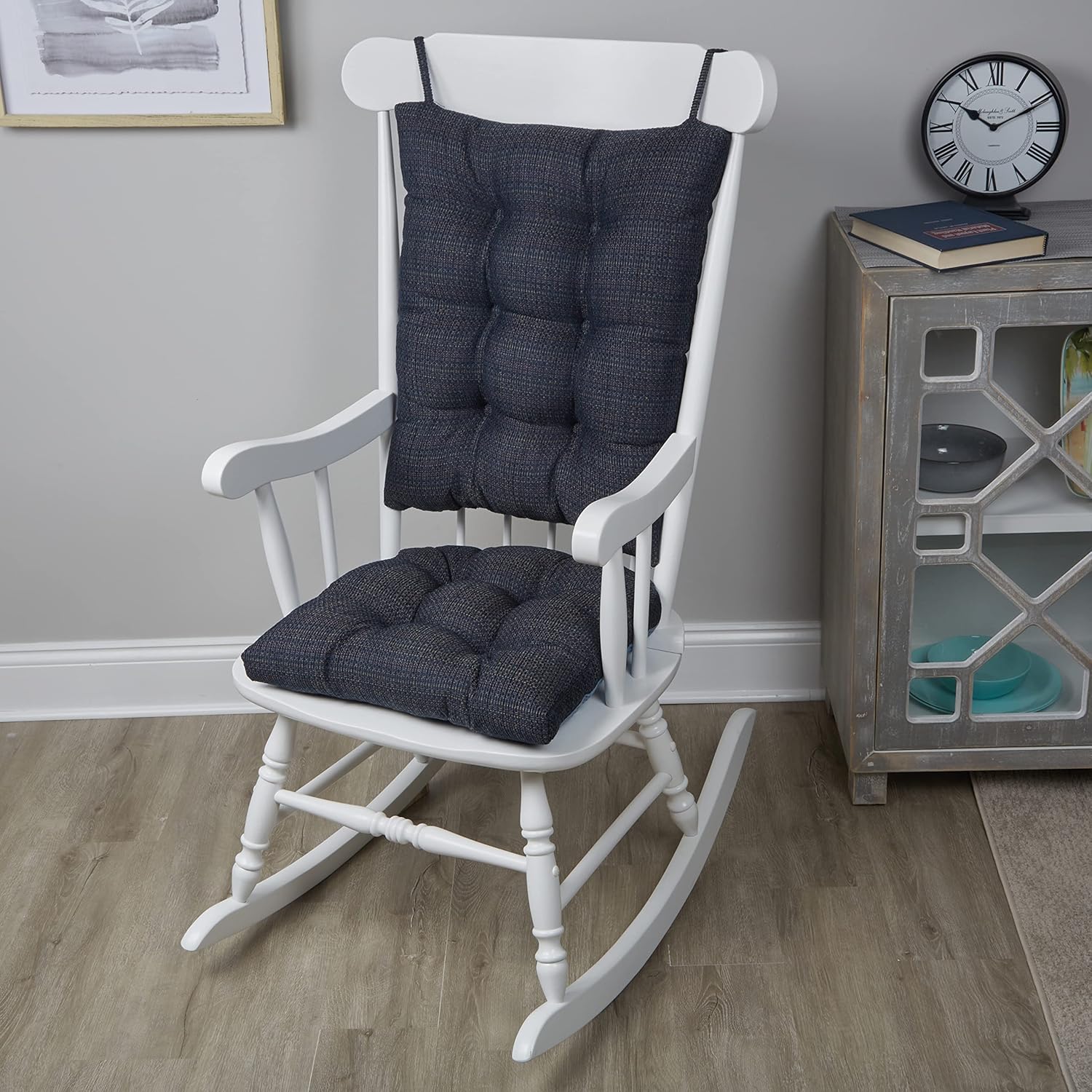 Klear Vu Omega Non-Slip Rocking Chair Cushion Set, Assembled in USA, Thick Padding & Tufted Design, Includes Seat Pad & Back Pillow with Ties, 17x17 Inches, 2-Piece Set, Tyson Navy