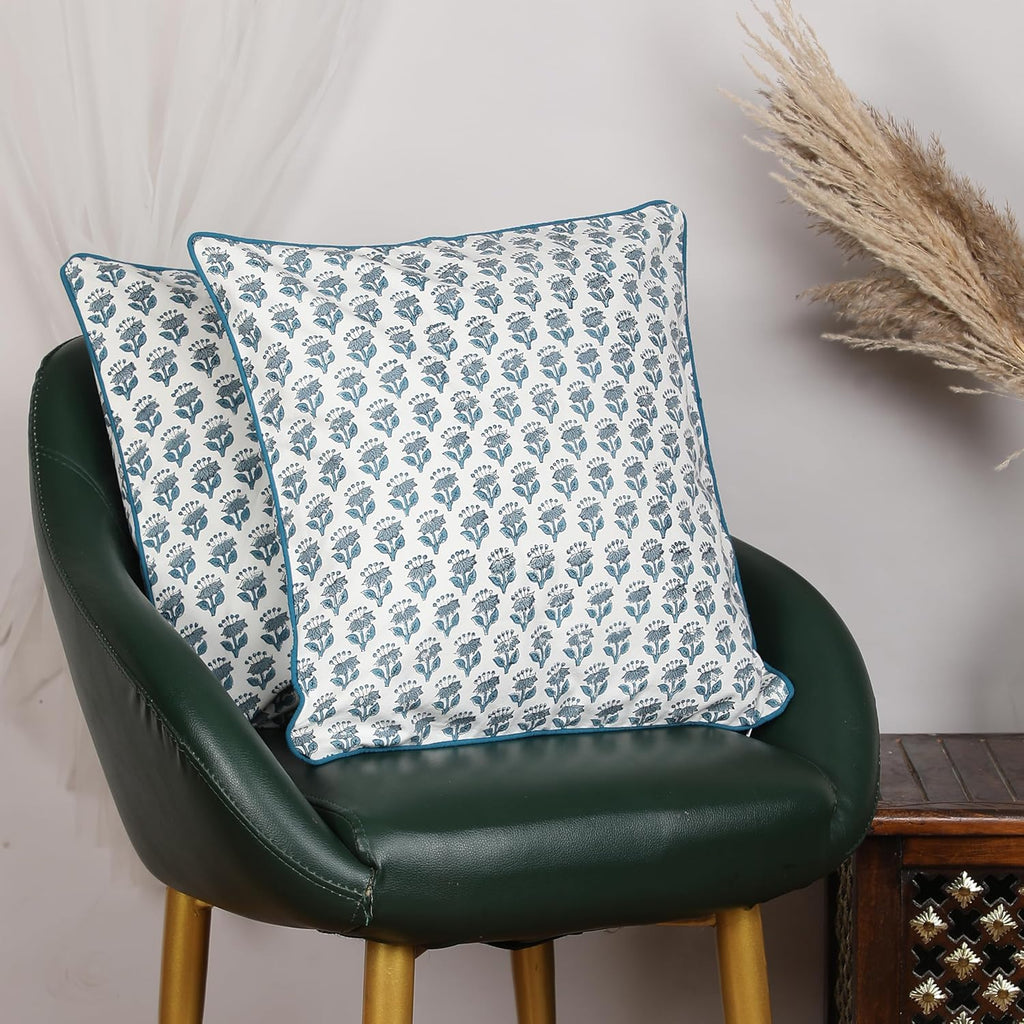 SheetKart Pure Cotton Throw Pillow Covers - Set of 2 - Hand Block Pure Cotton Printed Boho Decorative Pillow Covers - Cushion Covers for Living Room, Bohemian Theme, 18 x 18 Inches, Ocean Mist Teal