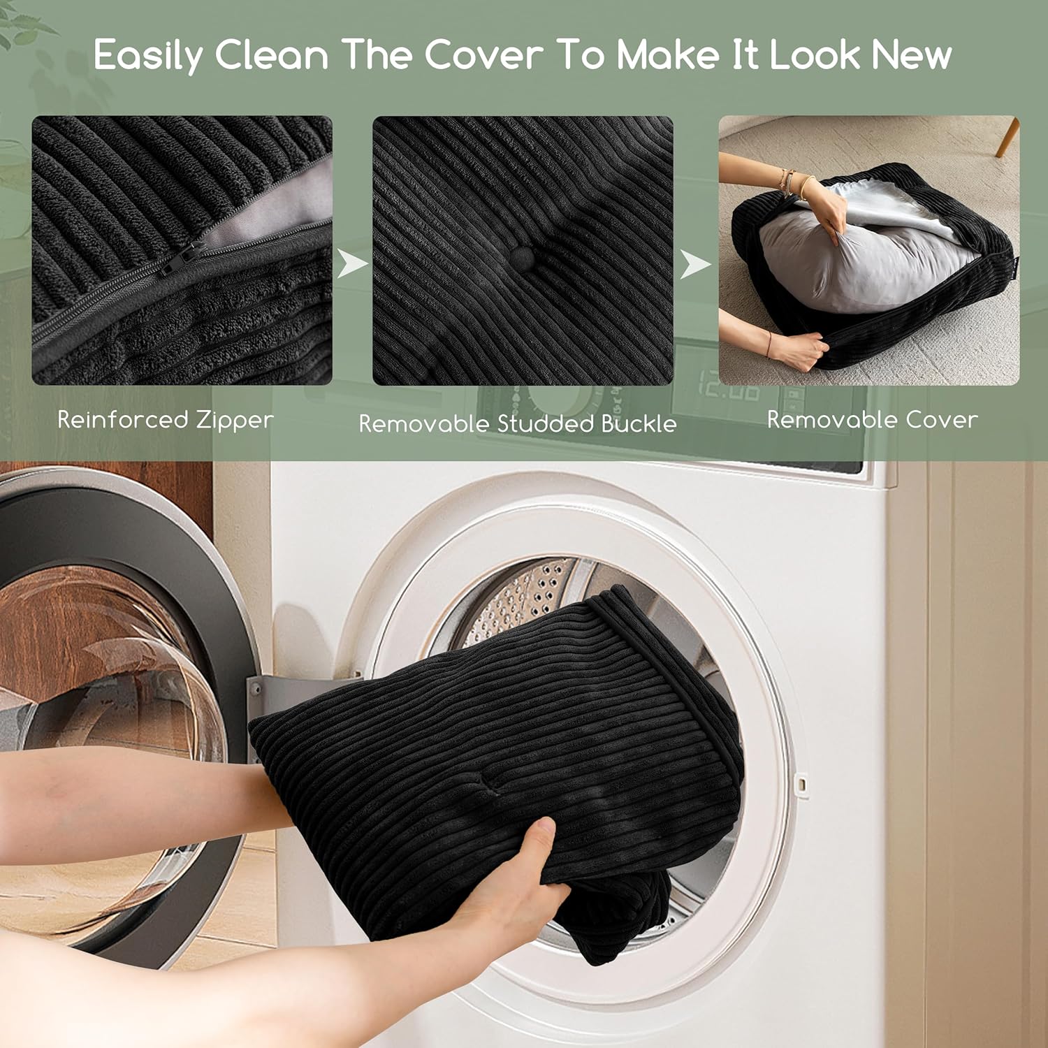 8" Washable Floor Pillow Cushion for Adults, Meditation Cushion Pillow, Large Square Floor Sitting, Removable Tufted Corduroy Cover, for Tatami Living Room or Yoga, 22x22 Inch, Machine Washable