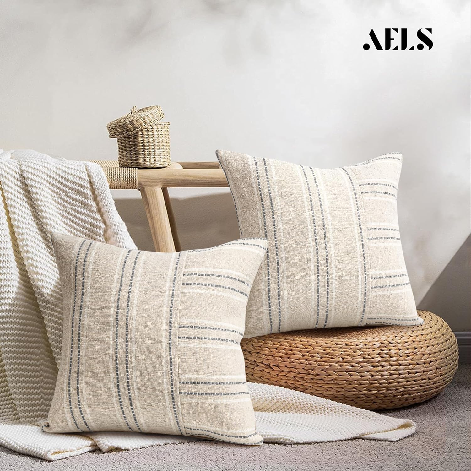 AELS 22x22 Decorative Farmhouse Linen Throw Pillow Covers, Boho Textured Pillow Case, Set of 2, Beige with White & Gray Stripe Patchwork Cushion Cover for Sofa Couch Living Room (Cover ONLY)