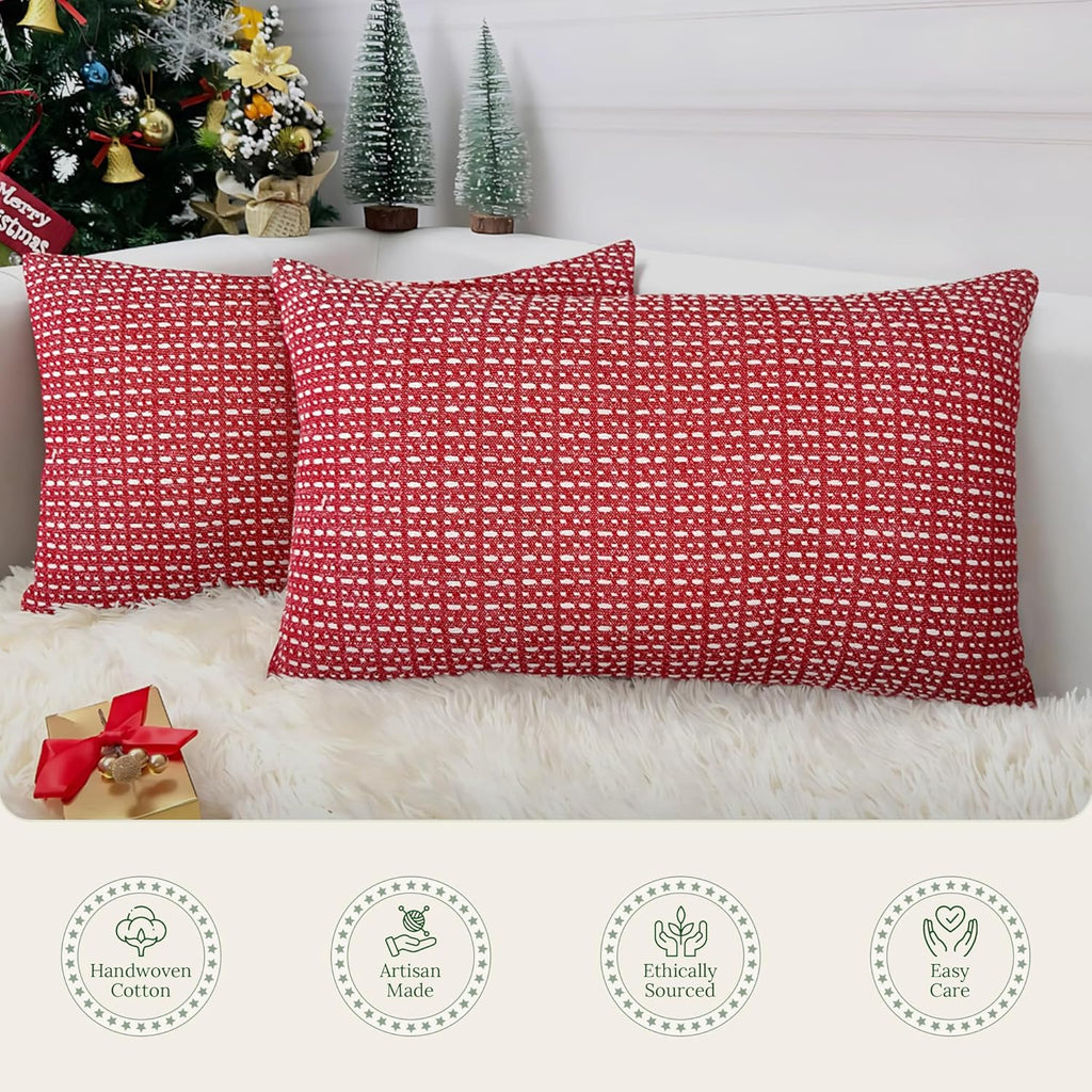 SanVia Sangria Premium Lumbar Cotton Throw Pillow Covers, 12 x 20 Inches, Luxury Holiday Themed Handwoven Couch Pillow Covers, Hidden Zipper, Elegant Home Décor, Insert Not Included