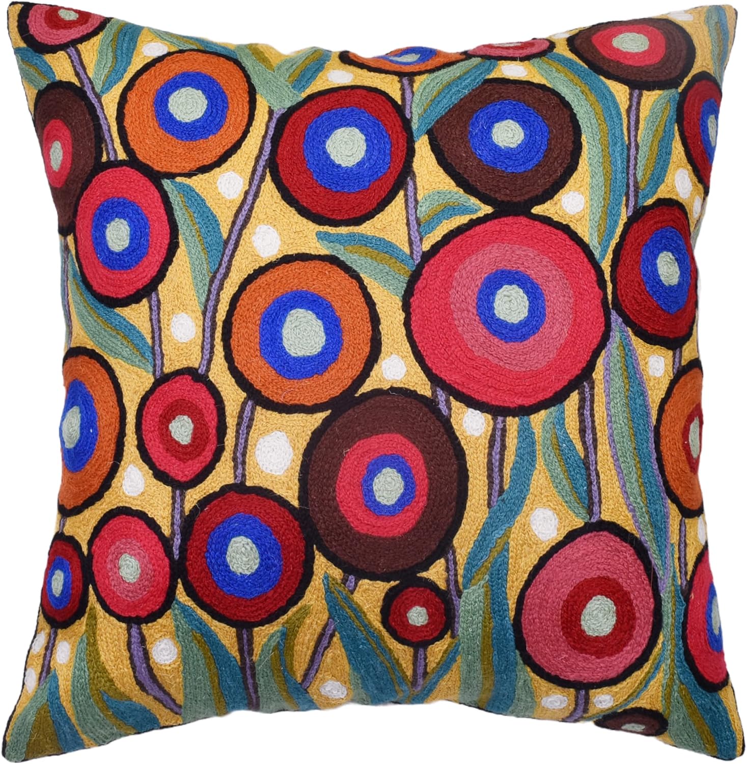 Yellow Floral Poppy Pillow Cover - Red Floral Outdoor Pillowcase - Suzani Accent Pillow - Flower Accent Cushions - Hand Embroidered Wool - Size 18x18