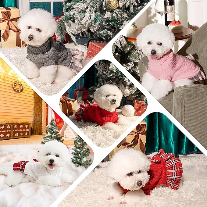 WOYYHO Girl Dog Sweater Dress with Bowtie Turtleneck Small Dogs Sweater with Leash Hole, Knitted Small Dog Sweaters Dress Puppy Winter Clothes for Yorkies Chihuahua (Medium, Red)