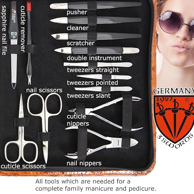 3 Swords Germany - Brand Quality 23 Piece Manicure Pedicure Grooming kit Set for Professional Finger & Toe Nail Care Tweezers File Clipper Fashion Leather case in Gift Box, Made by 3 Swords (7452)