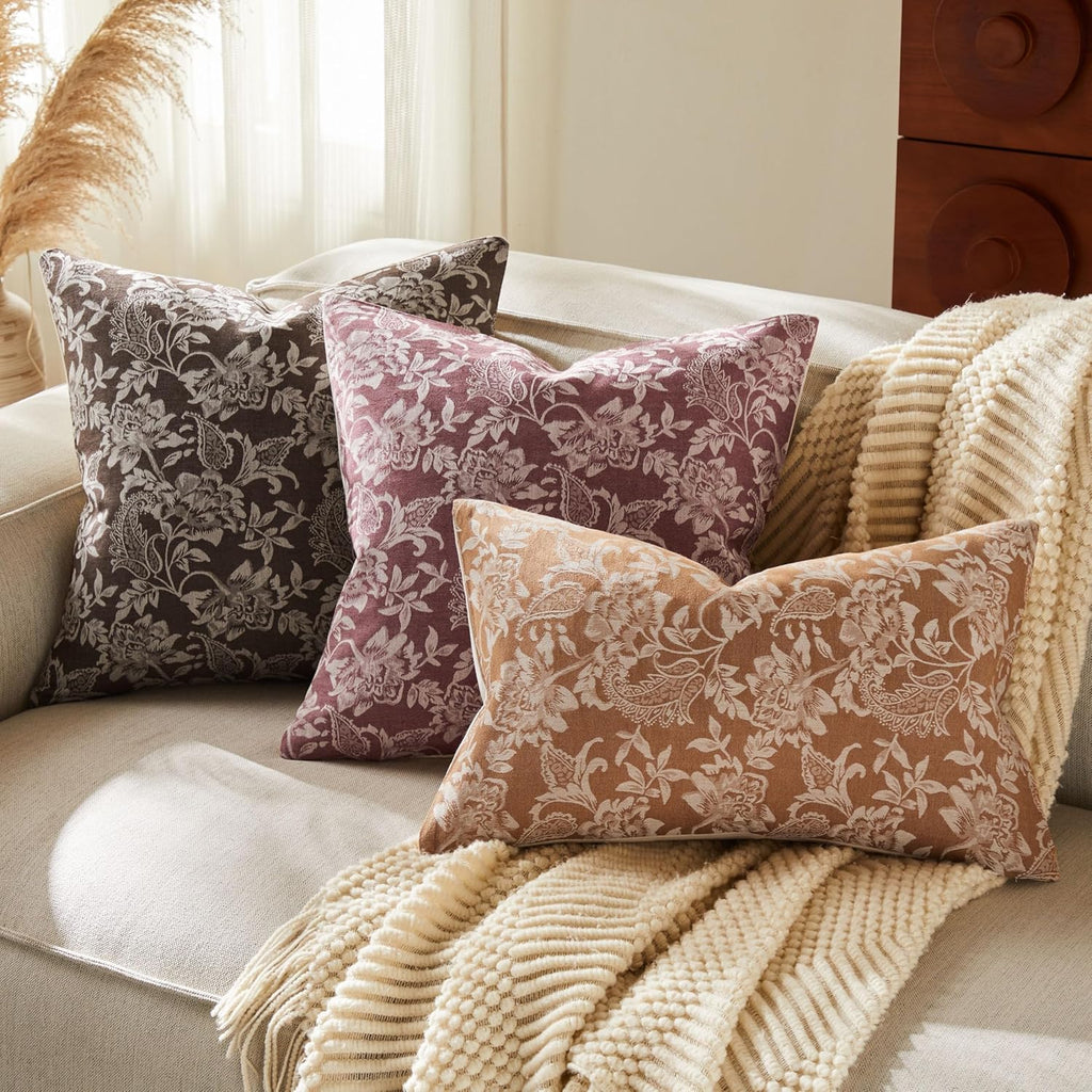 Floral Jacquard Throw Pillow Covers Set of 2, Background/Burgundy 22x22 Inch, Farmhouse Decorative Cotton Burgundy Cushion Covers for Sofa Bed Living Room Home Decor
