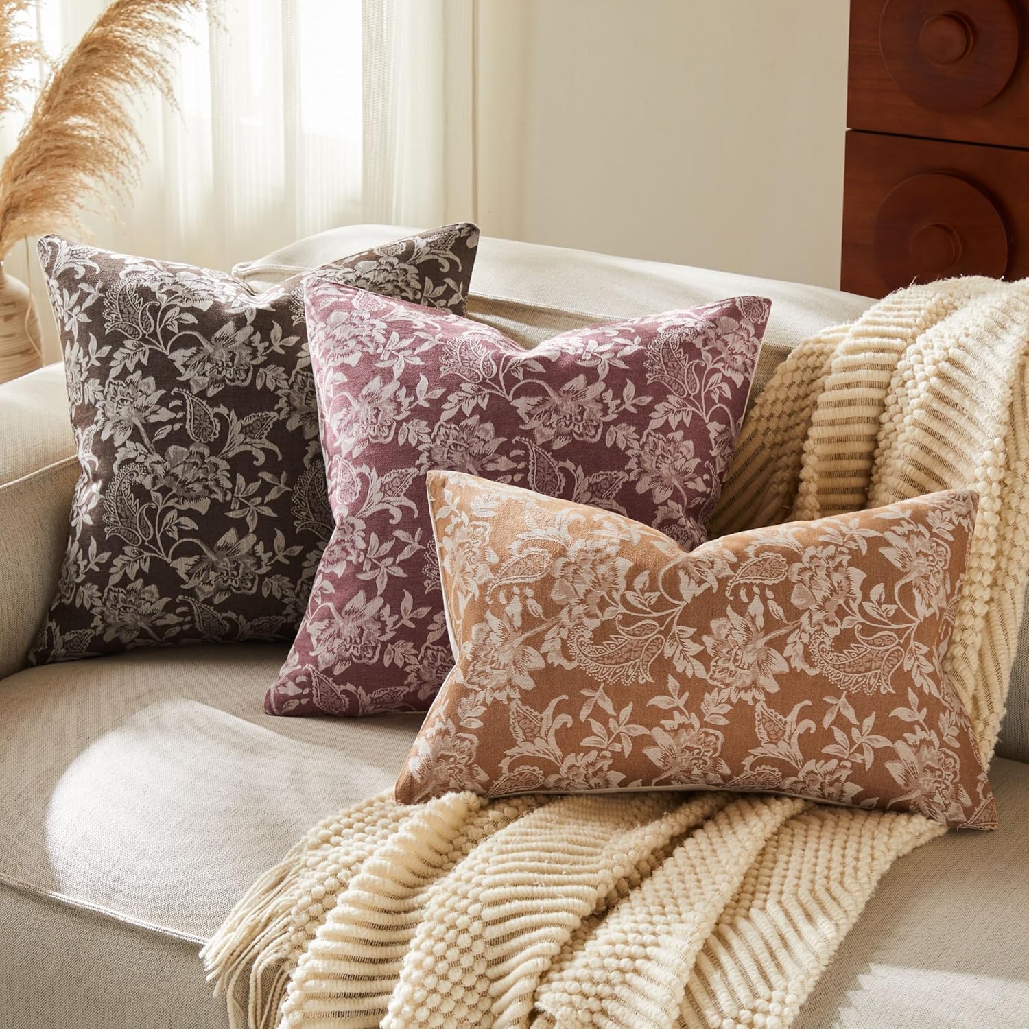 Floral Jacquard Throw Pillow Covers Set of 2, Background/Burgundy 22x22 Inch, Farmhouse Decorative Cotton Burgundy Cushion Covers for Sofa Bed Living Room Home Decor